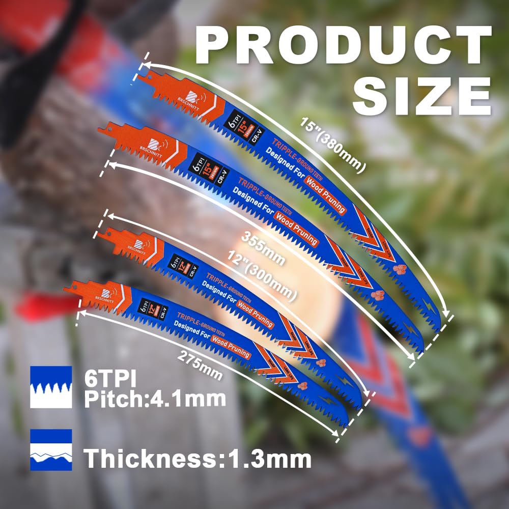 BRSCHNITT Japanese Teeth Reciprocating Saw Blades 380mm*2+300mm*2- Curved Edge Wood Pruning Saw Blades 6TPI for Tree Trimming,Wood Cutting,Cr-V Sabre Sawzall Blades - Image 2