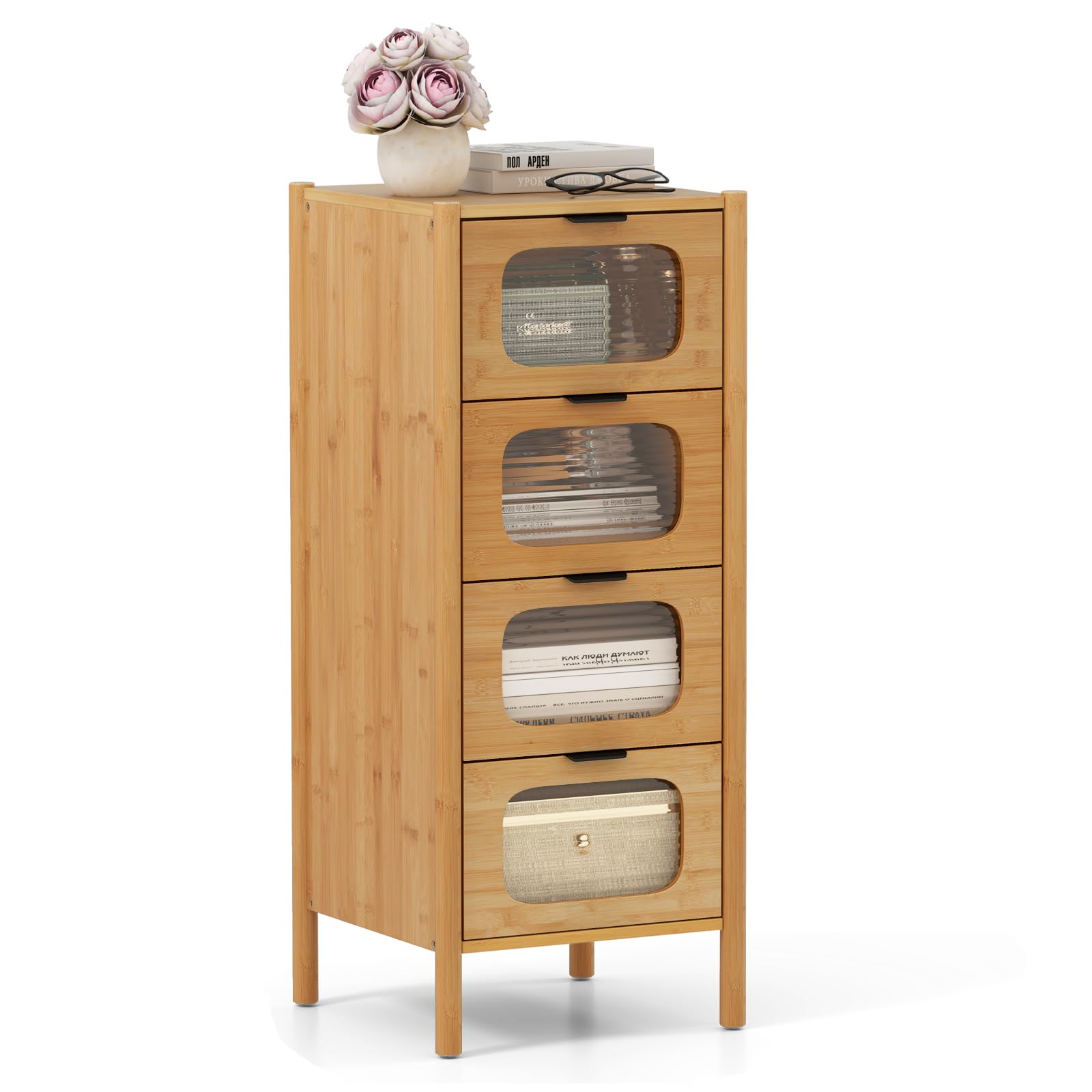 COSTWAY Kommode mit 4 Schubladen, Sideboard aus Bambus & Gehrtetes Glas,  Schubladenschrank im Mid-Century-Stil fr Wohnzimmer, Schlafzimmer, Flur,  ...