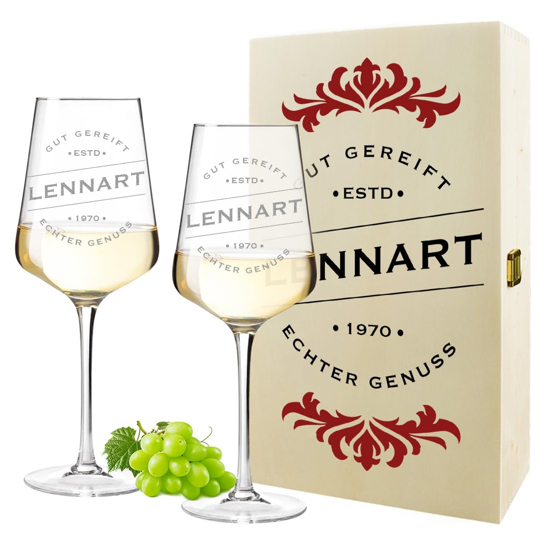 polar-effekt Weingläser 560 ml 2er-Set & Holzkiste mit personalisiertem Druck - Geschenk für Weinliebhaber - Gläser für Rotwein & Weißwein - extra spülmaschinenfest