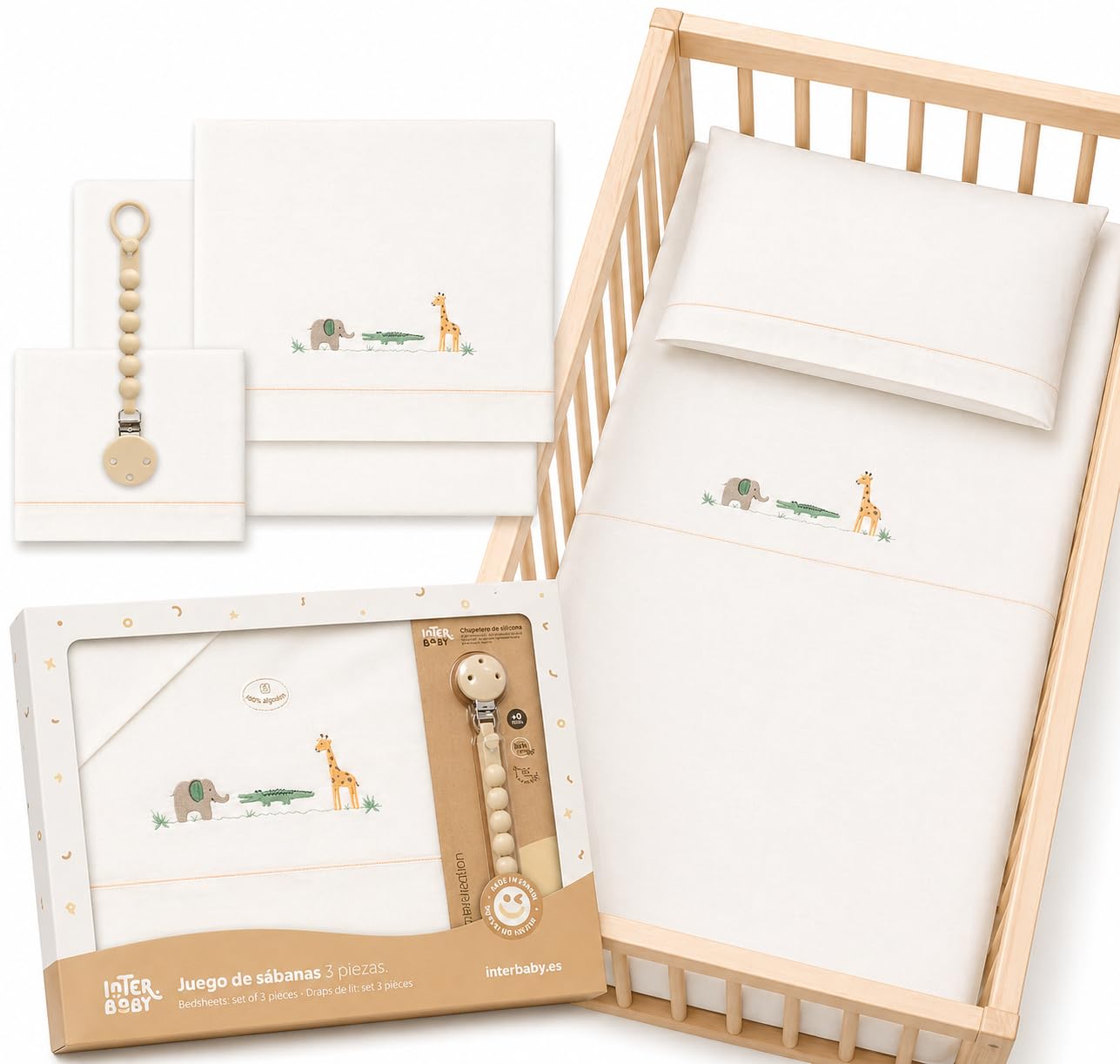 Lenzuola 100% cotone per culla, 60 x 120, 3 pezzi, colore: beige (lenzuolo con angoli + lenzuolo superiore + federa per cuscino) - Made in Spagna