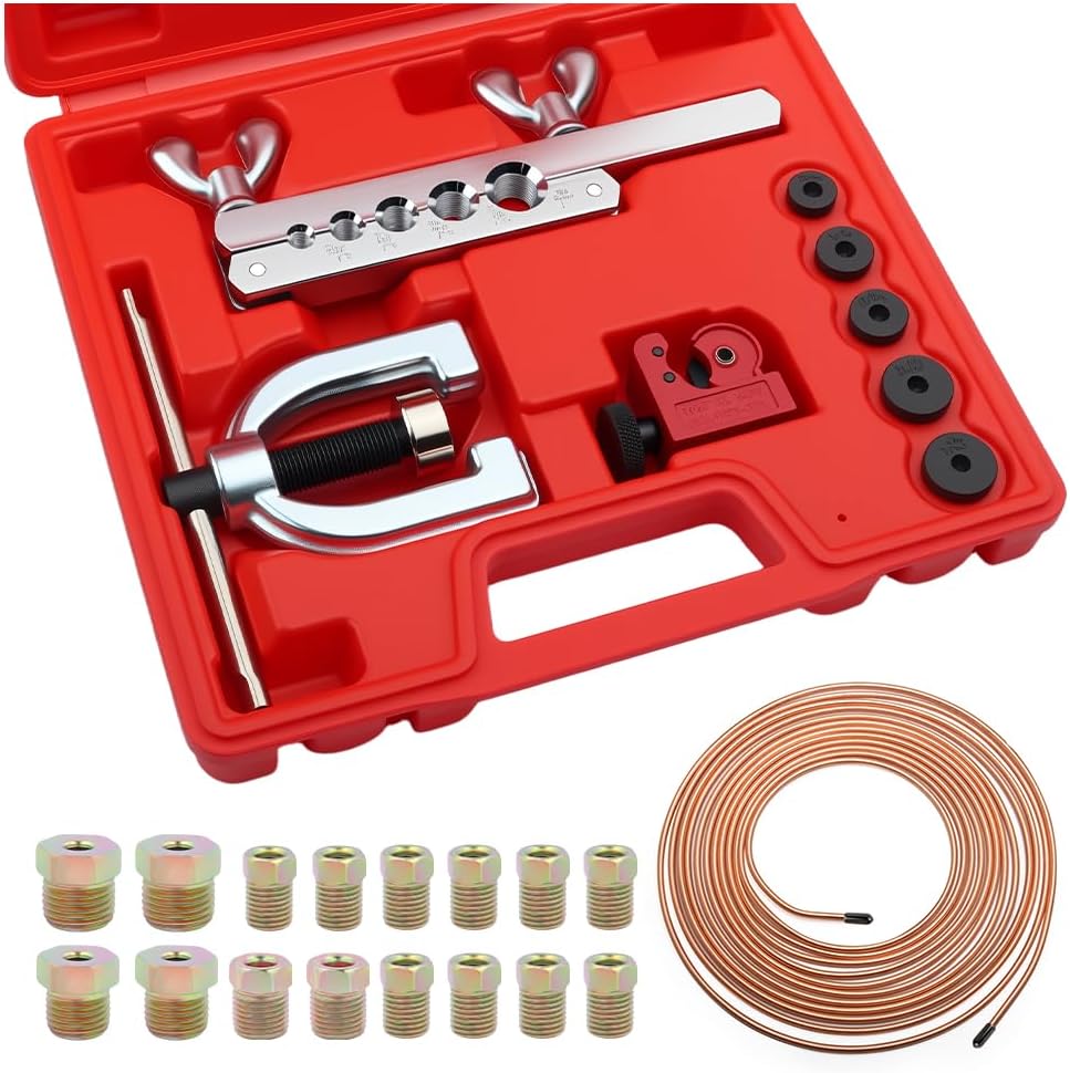 Single & Double Brake Line Flaring Tool Kit with 5 Adapters,25FT 3/16 Brake Line Kit with 16 Fittings,Copper Coated Brakes Lines Repair Kits for Automotive,Fuel,Hydraulic Systems