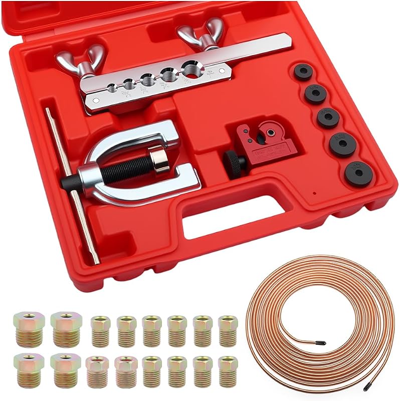 Kit de Flangeador de Tubos de Freio Simples e Duplo VKQTS com 5 Adaptadores e Linha de Freio 3/16 – Conjunto com 16 ferramentas