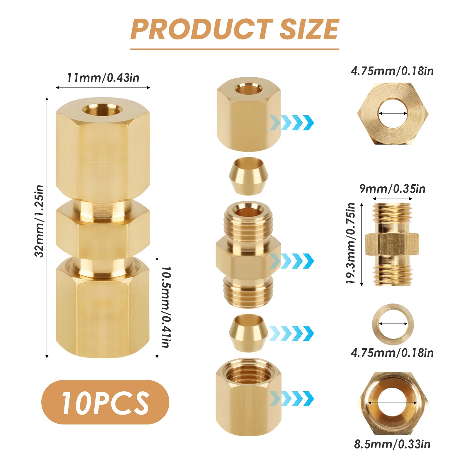 Connettore Linea Freno 4,75 mm, 3/16" Set da 10 Adattatori per Tubo Freno, Raccordo Freno in Rame Nichelato per Riparazione Linea Freno Veicolo, Kit di Raccordi per Tubi Freno Universale