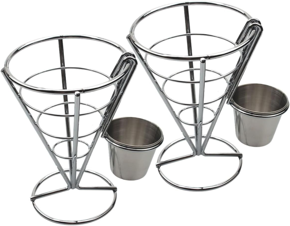 KALLORY French Fries Basket Cone with Sauce Dippers 2pcs Stainless Steel Snack Display Stand Practical and Creative Serving Rack for Hotels and Snack Shops