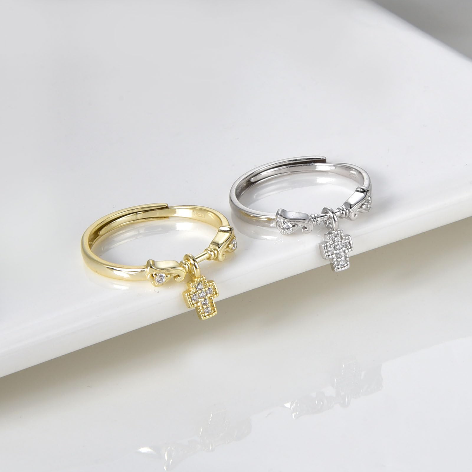 Verstellbare Silberringe Damen 925 – Zirkonia Ring mit Charm Anhänger Schleife/Kleeblatt/Kreuz, Sterling Silber Ring in Gold & Silber