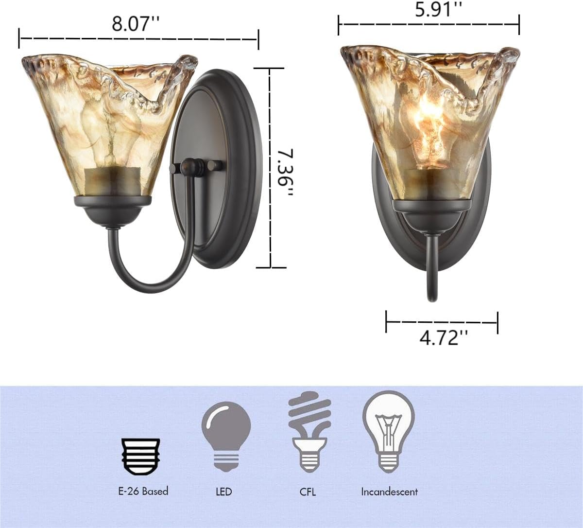 DANSEER Rustic Finish Wall Sconce Vintage Vanity Light with Amber Glow Glass Shade for Bathroom Living Room Hallway Staircase Set of 2