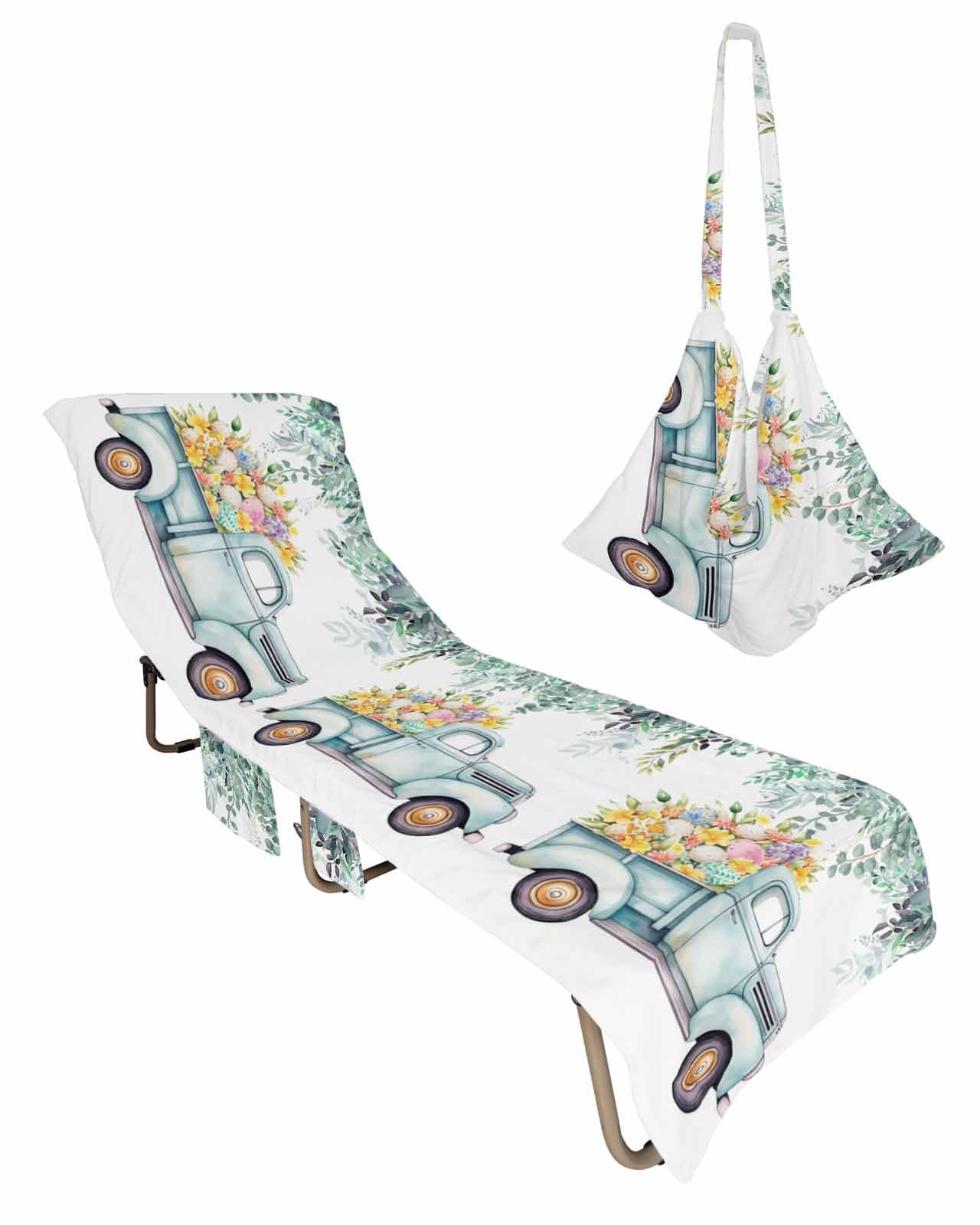 Spring Easter Beach Lounge Chair Towel Cover, Soft Chaise Lounge Towel with Side Pockets Patio Pool Chairs Cover for Beach/Pool Sunbathing 29x85 Eucalyptus Leaves Botanical Floral Truck