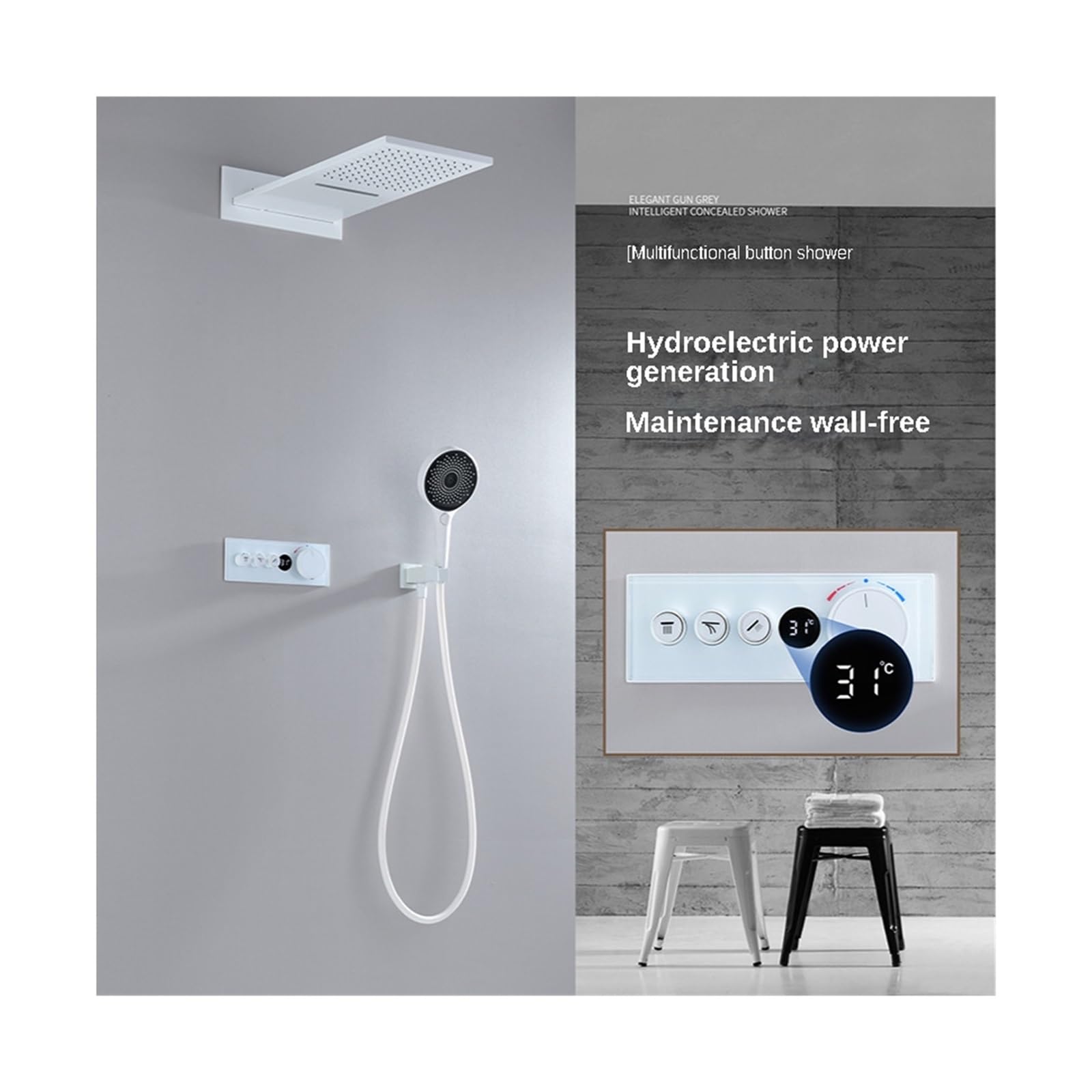 Rubinetto for Doccia da Bagno, Set Doccia a Parete con Display Digitale Intelligente Nero, Temperatura costante Nascosta in Rame Oro Rosa(Matte White)
