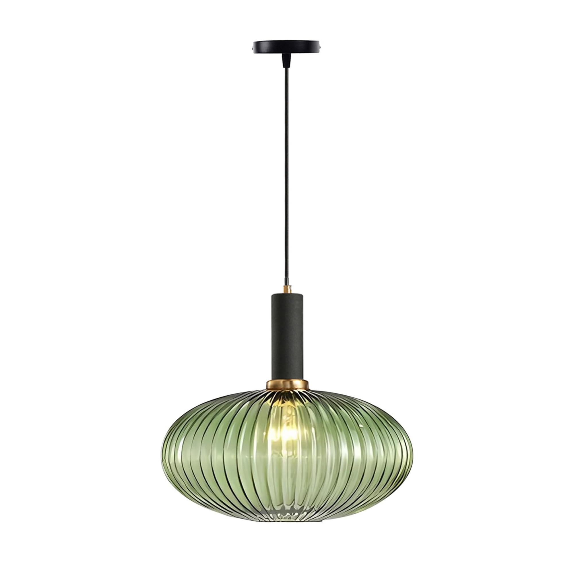 EKSED Glass Pendant Light with Vertical Striped Shade in Black Metal Frame - E27 Lantern Style Chandelier for Kitchen Island Dining Rooms (30cm, Green)