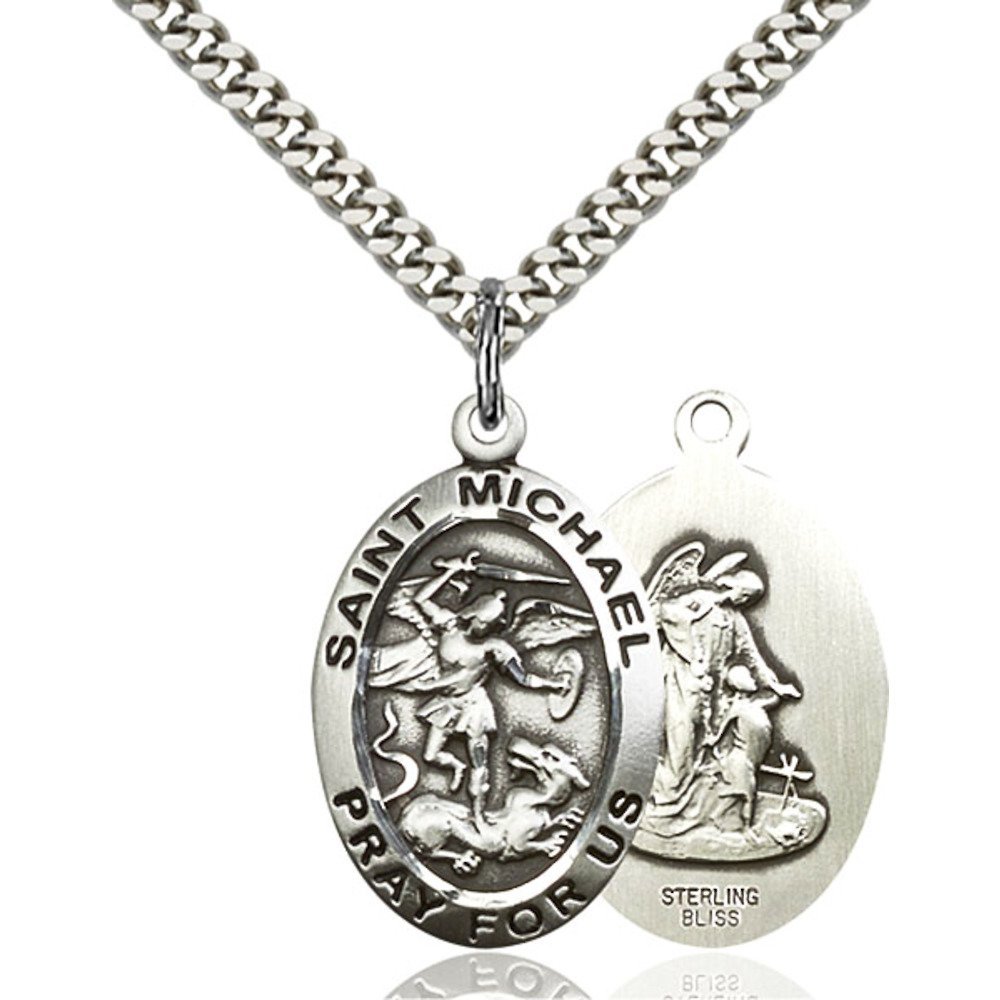 Bonyak Jewelry Sterling Silver St. Michael The Archangel Pendant 1 x 5/8 inches with Heavy Curb Chain
