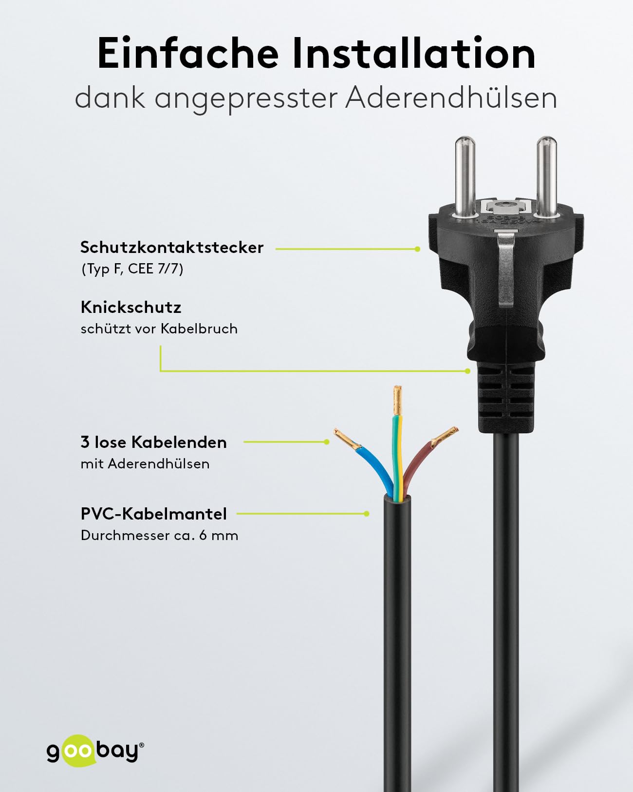 Goobay 94701 kabel zasilający z otwartymi końcówkami kabli i zaciśniętymi tulejkami kablowymi/prosta wtyczka ze stykiem ochronnym/uniwersalny kabel zasilający/czarny / 2 m