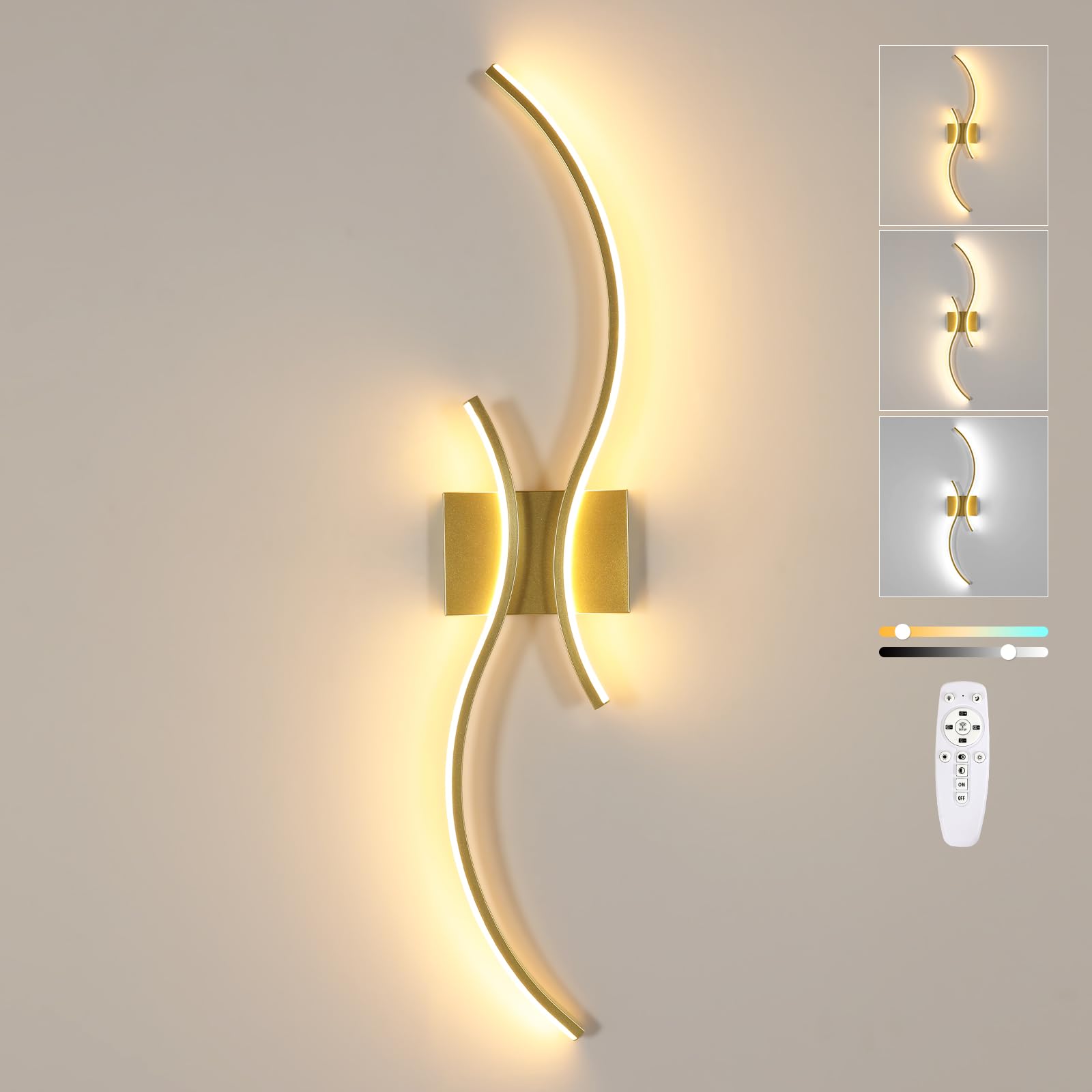 Goeco Applique LED da Parete Interni, 32W 80 CM Luci da Parete Dimmerabile Lunga con Telecomando 3000K-6500K con 2 Luminosi Ondulati per Soggiorno, Camera da Letto, Dorato
