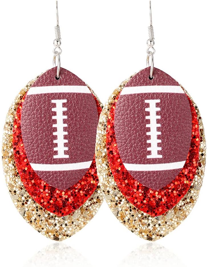 Football Earrings for Women Handmade Lightweight Layered Teardrop Faux Leather Glitter Rugby Earrings Sports Lover Jewelry Gift
