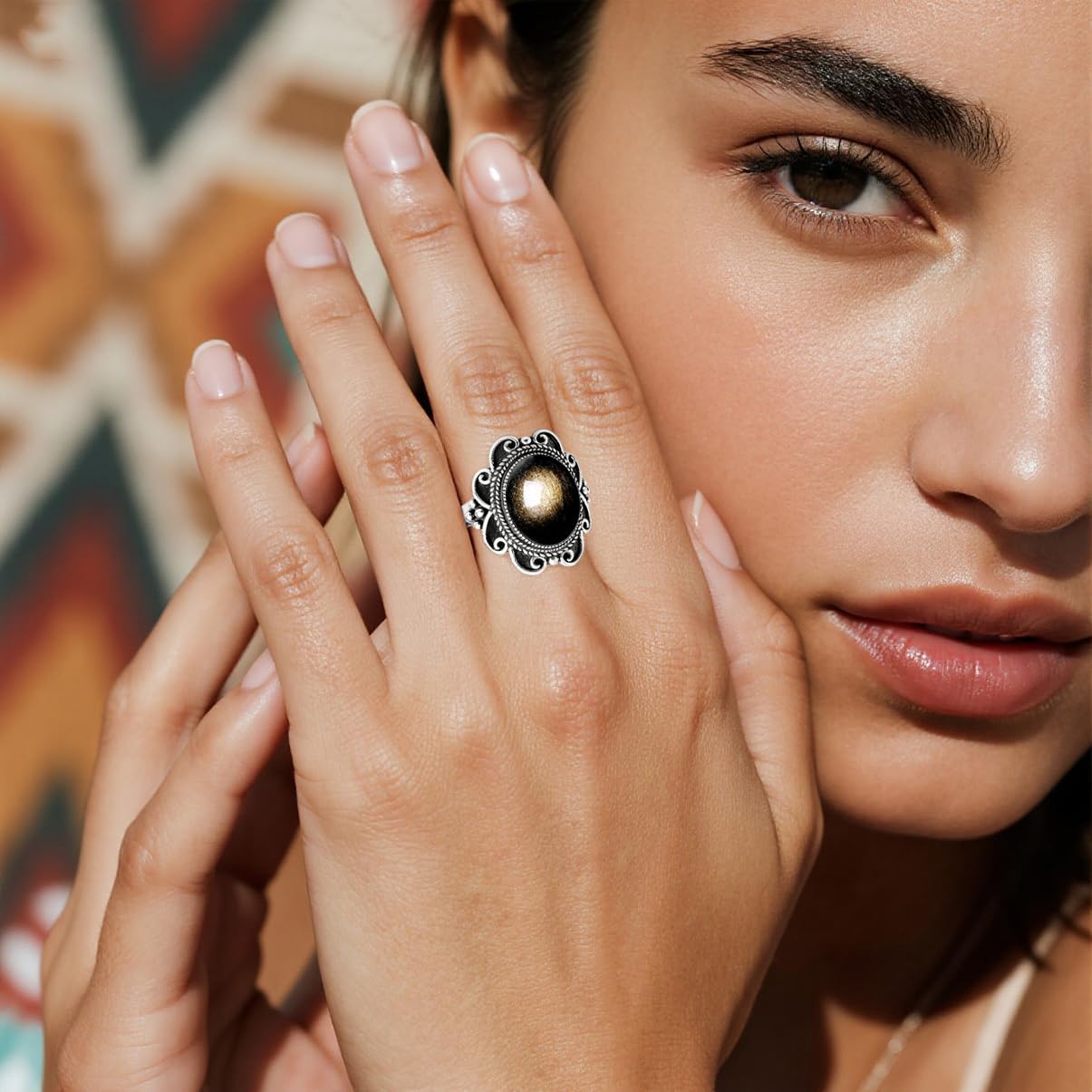 Sterling Silver Natural Stone Ring,Retro Antique Vintage Oval Genuine Real Crystal Quartz Gemstone Wide Boho Bohemian Statement Chunky Ring for Women