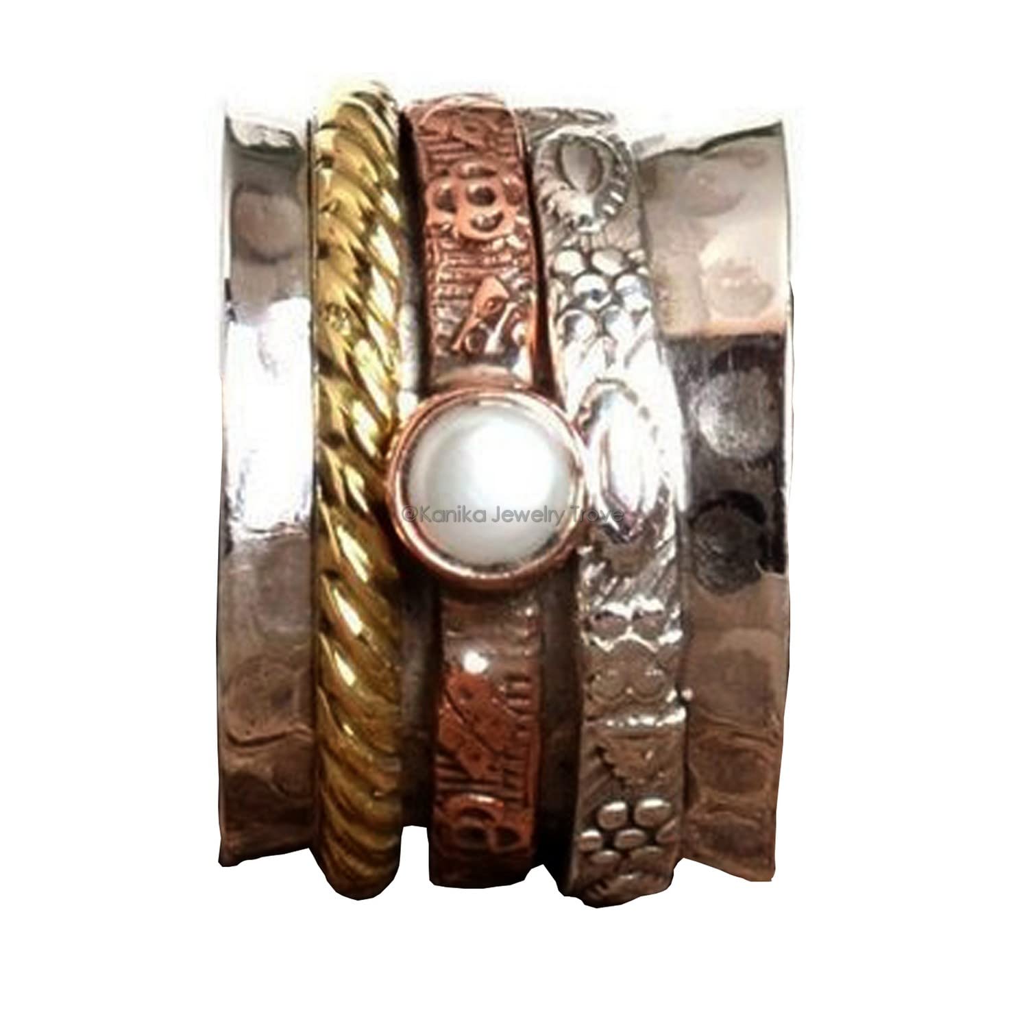Spinner-Ring mit gehämmerter Blumenstruktur für Damen und Herren, Spinner-Band-Ring mit Süßwasser-Zuchtperlen, 925er Sterlingsilber, Spinner-Ring für Damen (Perle, Größe 7)