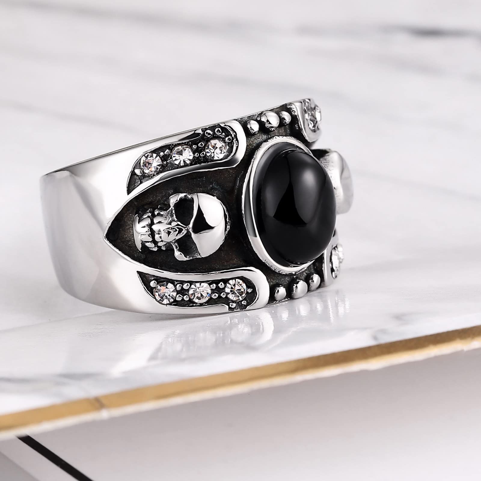 Anello Fidanzamento Acciaio Anello Fidanzamento per Lui Anello Teschio con Pietra Ovale Anelli Acciaio Nero/Marrone Taglia 15 to 30