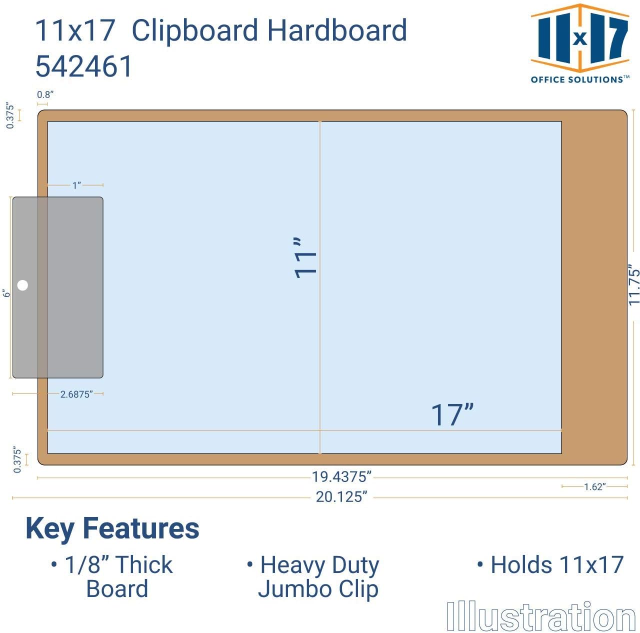 11x17 Clipboard with Jumbo Metal Clip. 19.5in Length Extra Large Brown Hardboard Clip Board for Drawing, Engineering, Drafting, Art, and More. Landscape Tabloid Ledger Size Document Holder