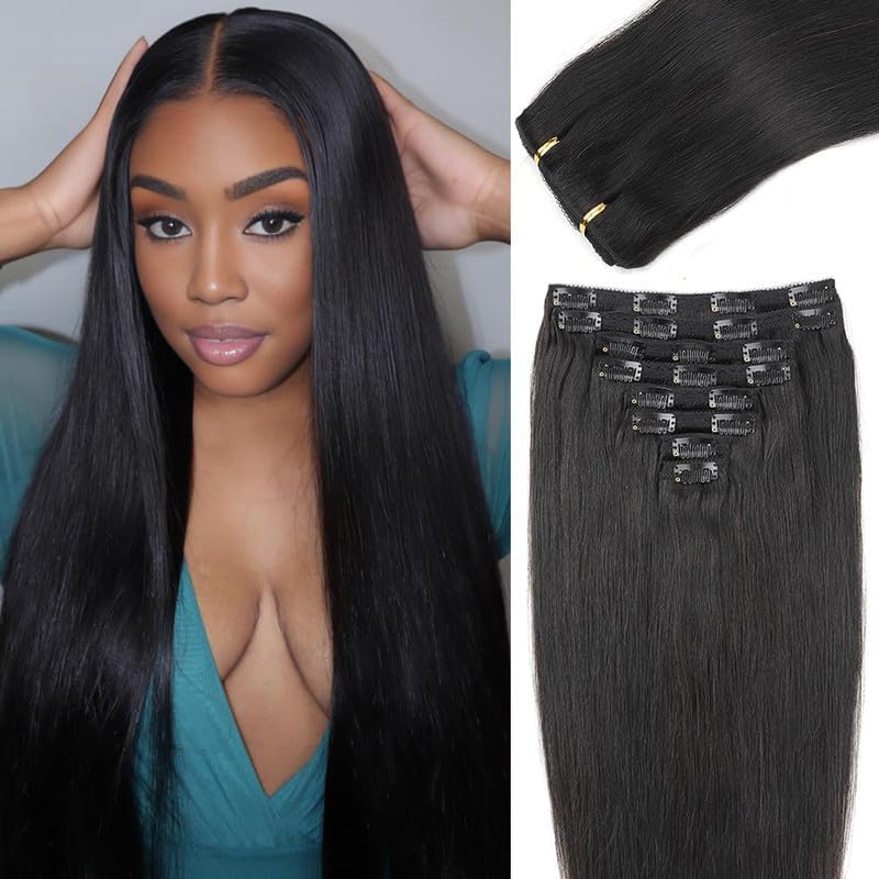 Clip in Hair Extensions Real Human Hair Clip ins 100% Brazilian Remy Human Hair Extension for Women 8pcs Per Set with 20 Clips Double Weft (16 Inch #1B Natural Black)