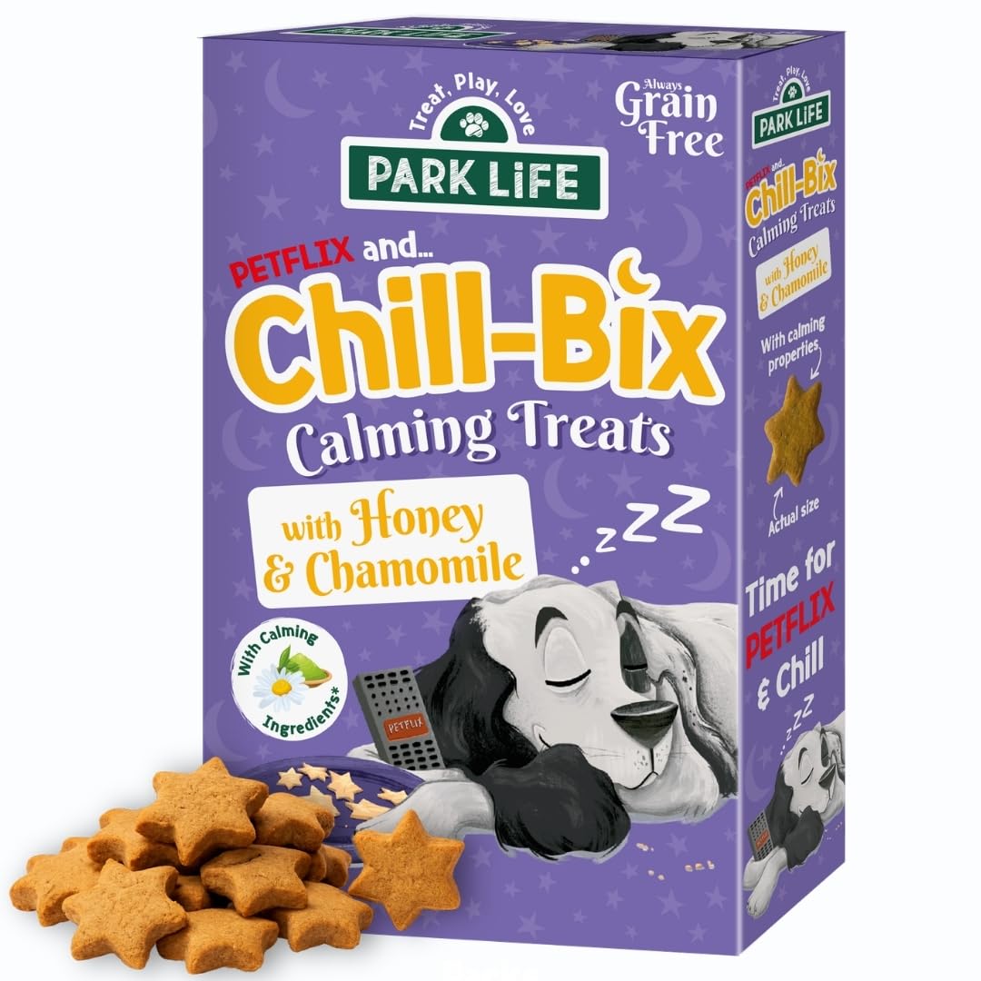 PARK LiFE, Chill Bix Dog Biscuits Honey & Chamomile, Playful, Calming & Relaxing Treats Dogs & Puppy Friendly, Grain, Gluten-Free, Gut-Friendly Protein Source, 300g