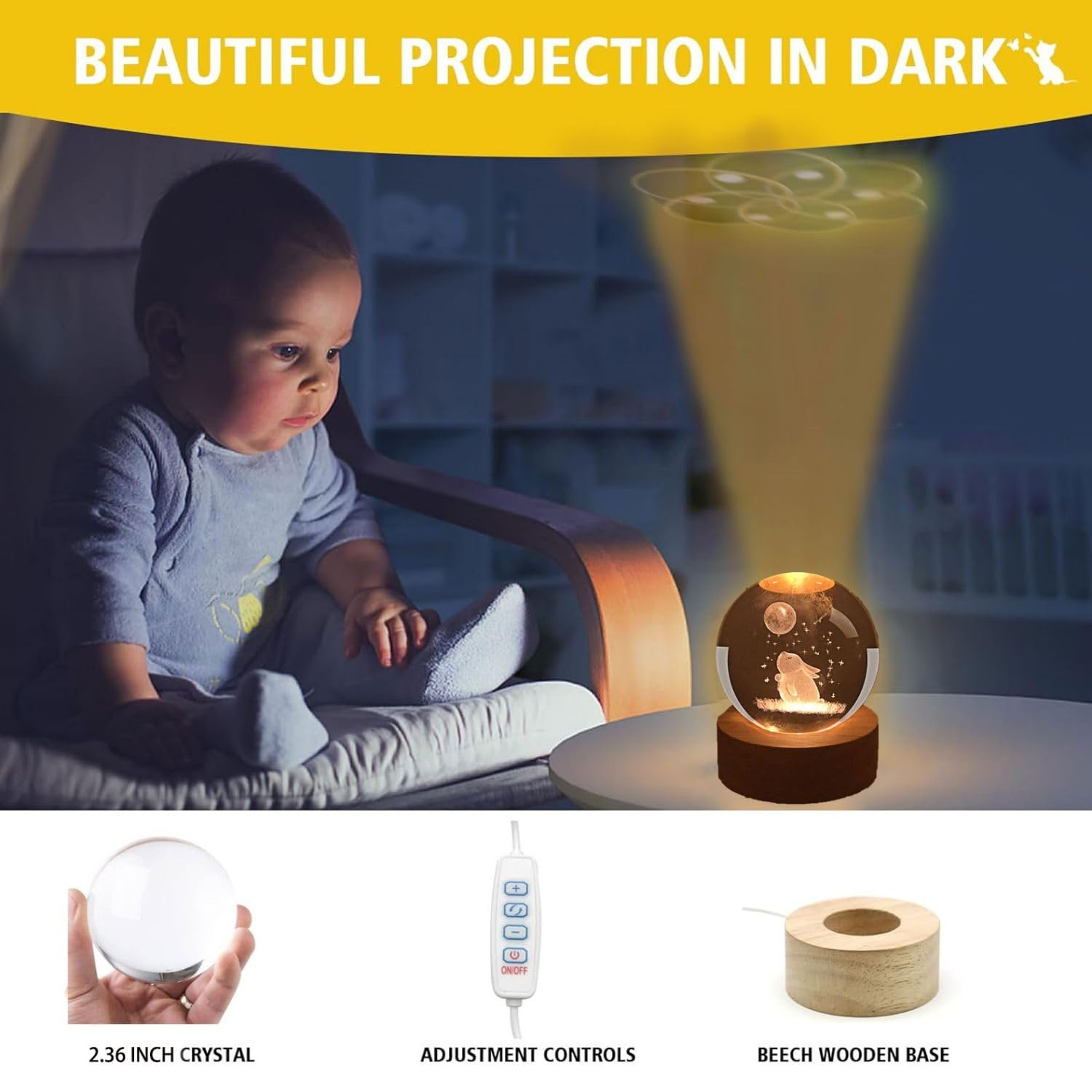 Crystal 3D Sculpted Rabbit Decorative Crystal Ball Night Light, 6cm Tri-color LED Glass Ball USB Night Light with Wooden Base - Image 4