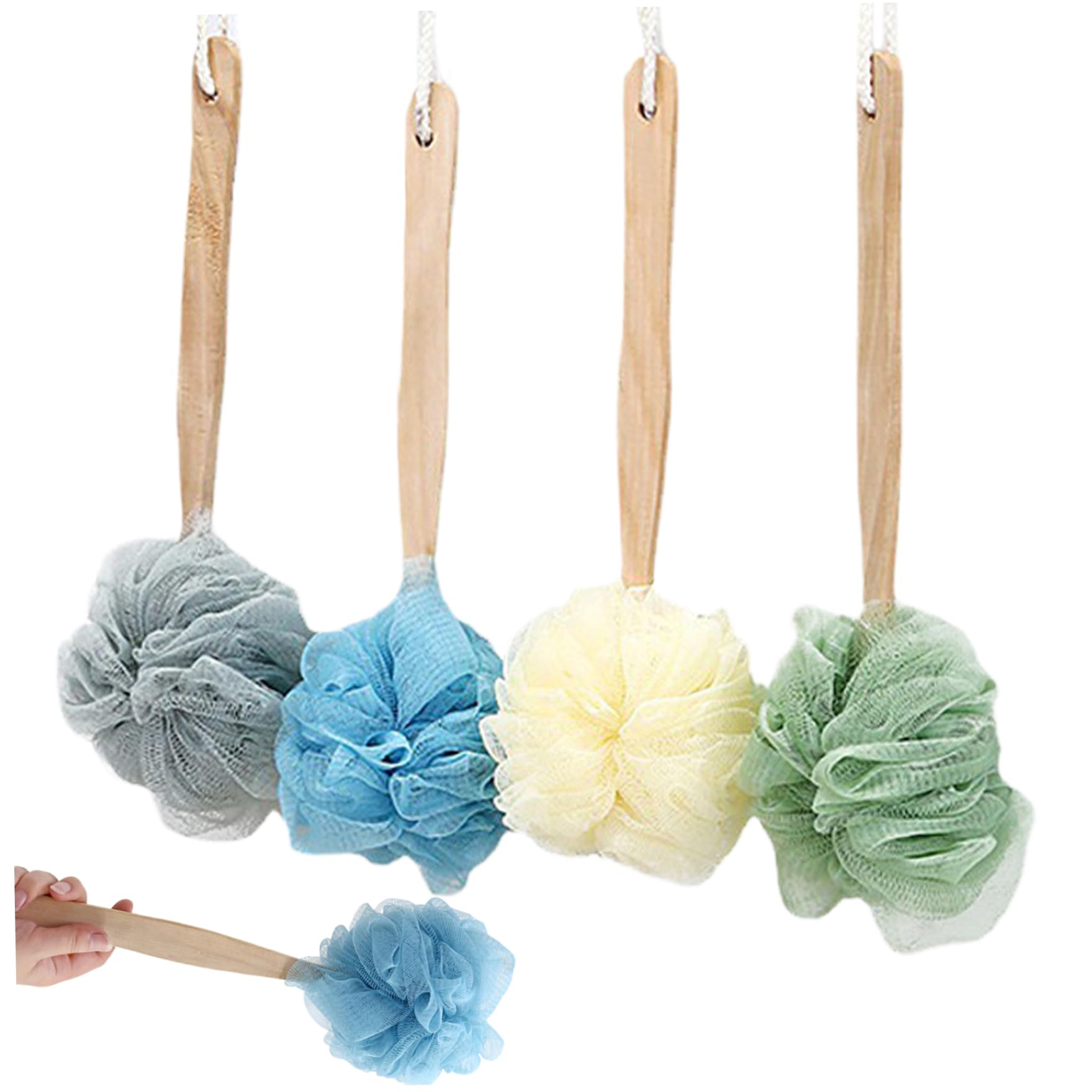 Loofah Con Mango 4 PCS De Esponja De Ducha De Mango Largo De Madera Esponja De Ducha De Malla De Nailon Suave Cepillo De Ducha Esponjas De Baño Para Exfoliante Corporal