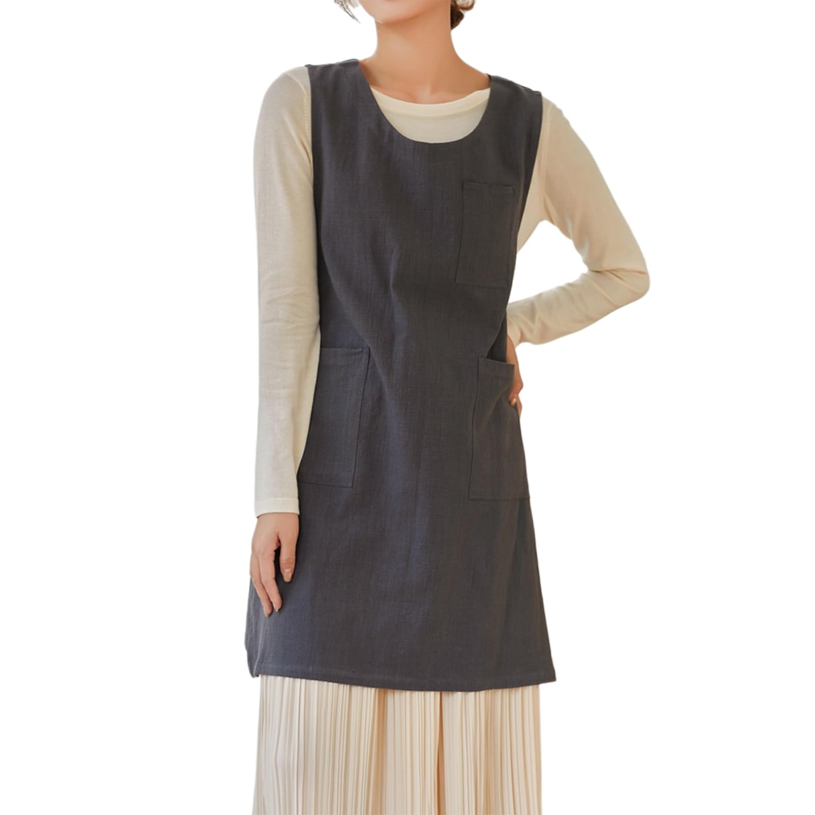 Tabliers De Cuisine en Lin Style Japonais Femmes Tablier 2 Poches pour La Maison, Le Jardinage, La Restauration, Le Barbecue, Le Restaurant Grey,One Size