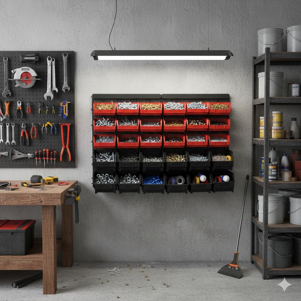 ORDER Werkstatt Lot de 30 boîtes empilables en rouge/noir, organiseur suspendu avec boîtes de tri, 64 x 2 x 38 cm, montage possible