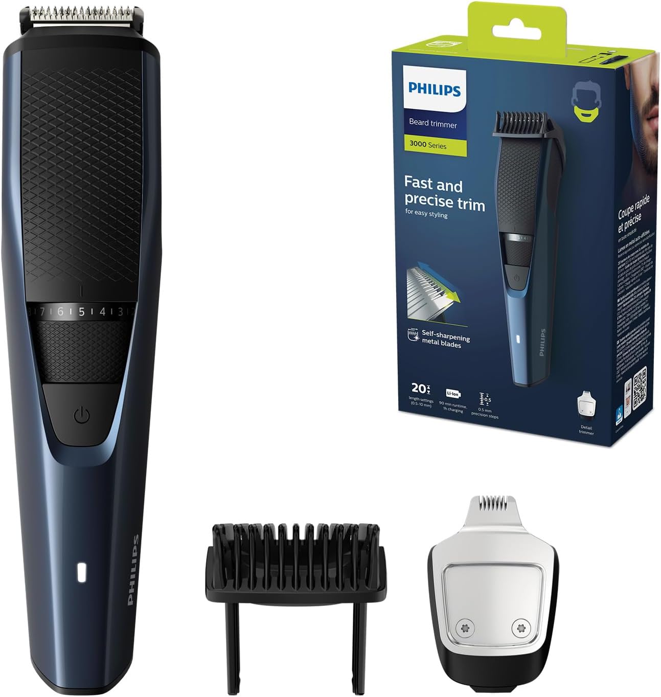 Philips Men's Beard Trimmer Series 3000 - Electric Beard Trimmer with Detail Trimmer, Lift & Trim System, 20 Length Settings, 90 Min Cordless Use, Blue