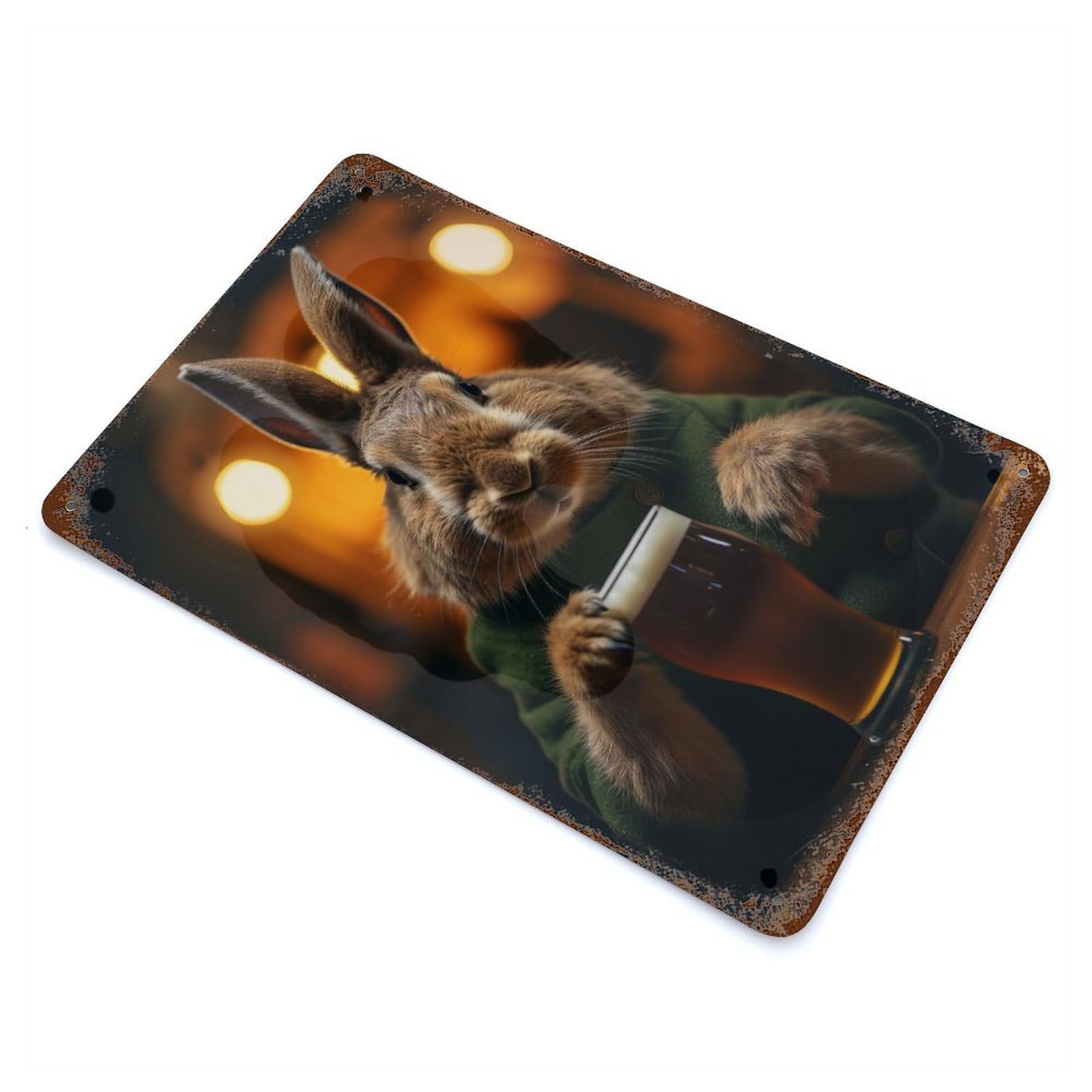 Rabbit Drinking Beer Pint Vintage Wall Sign 11.8"x7.9", Rust Effect Metal Decor for Living Room, Hallway And Home Decor