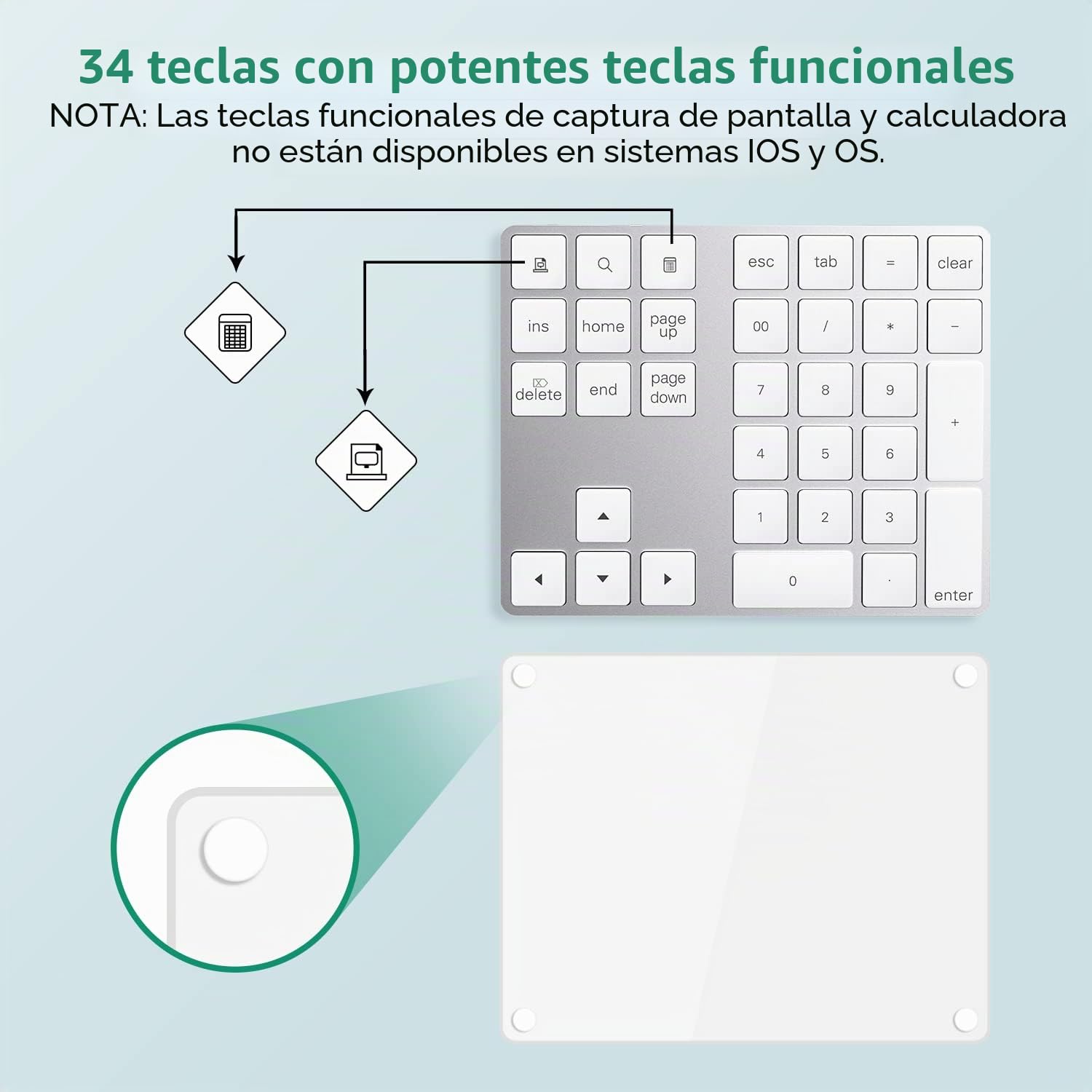 Teclado Numérico Inalámbrico, Mini Teclado Bluetooth con 34 Teclas para Apple PC soporta Sistema Windows, iOS, Android, Plata