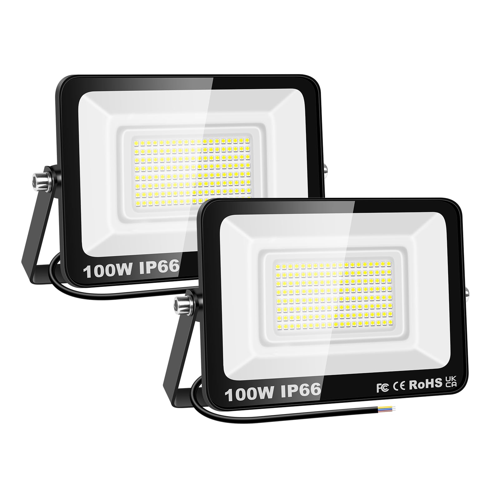 SKYWORLD 2x Foco LED Exterior, 100W 10000LM Impermeable Foco Proyector LED | Sin Enchufe, 6000K Blanco Frío, Luz de Seguridad, Exterior y Interior Floodlight para Jardín Garaje Patio Entrada Terraza