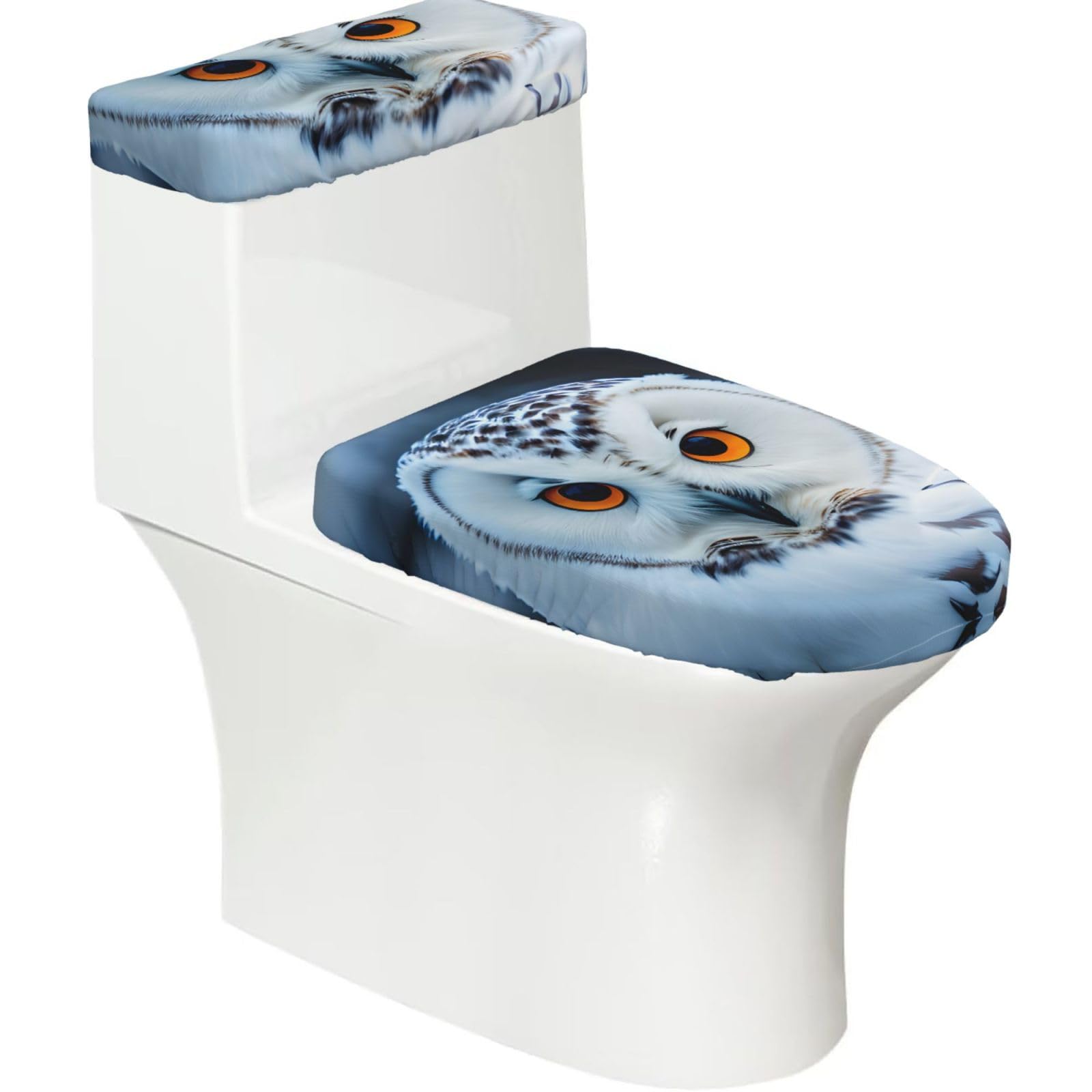 Snowy Owl Eyes Printed Toilet Tank and Lid Cover Set of 2 for Most Bathrooms, Fits Elongated Round Toilets