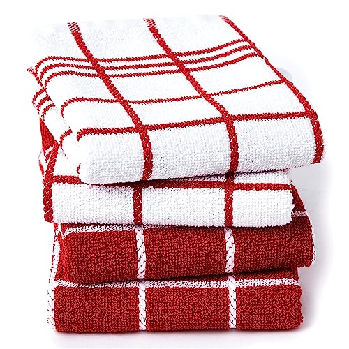 Image of Encasa XO Kitchen Towels and Dish Cloths Sets | Red Terry Highly Absorbent Cotton Terry Towels | 60x40 cm | Multipurpose for Washing Dishes and Cleaning Pack of 4