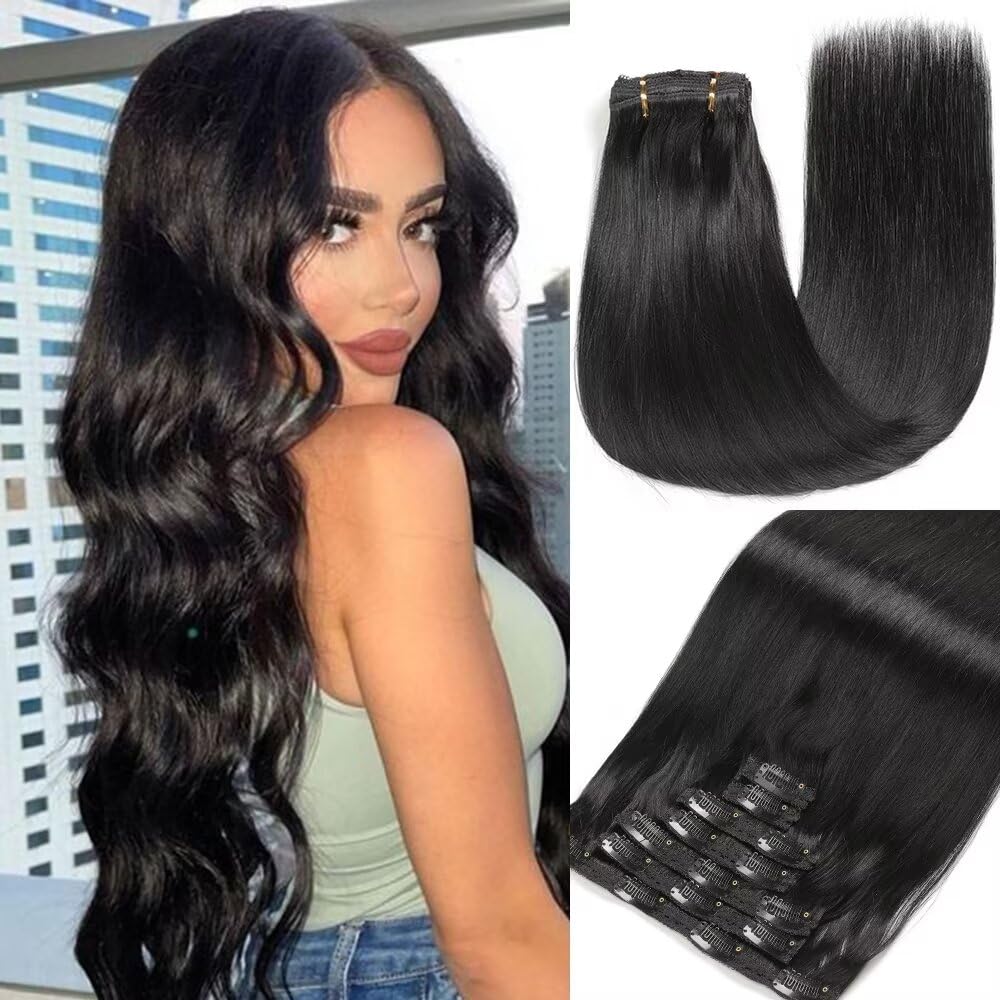 GUDOZO Extension Capelli Veri Clip 7pcs 50cm 120g Nero Naturale Extension Clip Capelli Veri Clip In Extension Capelli Veri Extension Clip Capelli Veri(20inch,1B#)