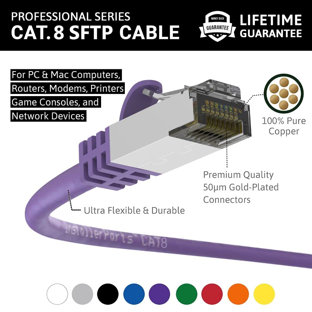 InstallerParts (100 Pack Ethernet Cable CAT8 Cable 3 FT - Purple - Professional Series - 40Gigabit/Sec Network/High Speed Internet Cable for Router, Server, Gaming/2000 MHz, 26AWG