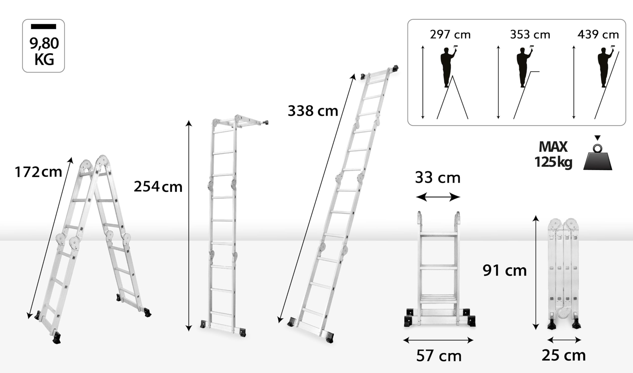 DRABEST Scala Articolata in Alluminio, Pieghevole, Multifunzionale 4x3 - Stabile e Multifunzionale - Carico Massimo 125kg - Alluminio - 0,33x0,98x0,25m