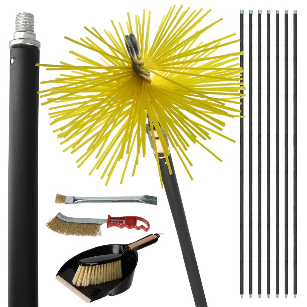 Kit ramonage cheminée - 12 pièces - Hérisson PVC - 7 cannes souples 1m40-2 brosses - Pelle - Conduit inox souple ou rigide - 15 cm