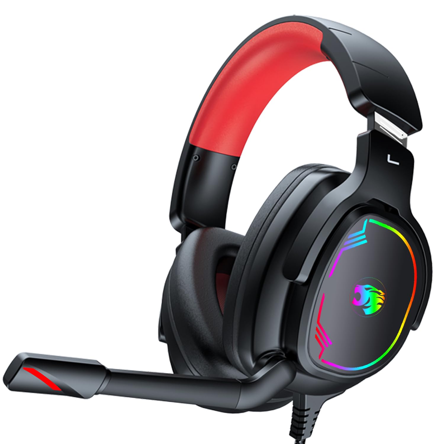 Jimonyer Zestaw słuchawkowy do gier z mikrofonem do PC/PS4/PS5/Xbox/Nintendo Switch, stereo Surround Sound Gaming Headset Xbox One z redukcją szumów, elastyczny mikrofon, światło RGB (czerwony)