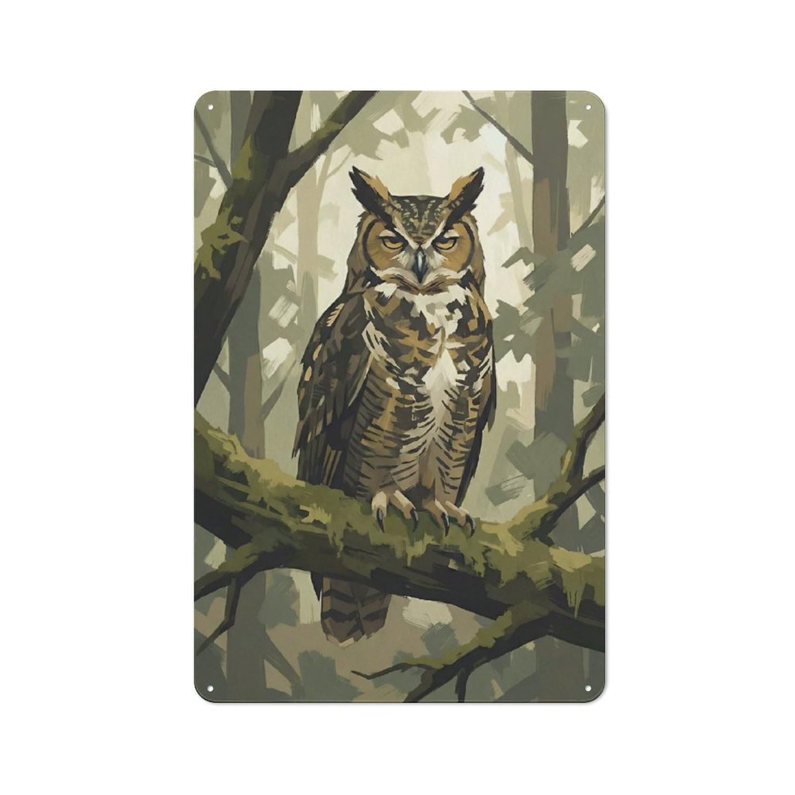 Junmoney Style-23 Tin Wall Plaque 30X20cm With Great Horned Owl In Forest For Café Or Restaurant, New Home Wall Decor For Hospitality Interior Collectors