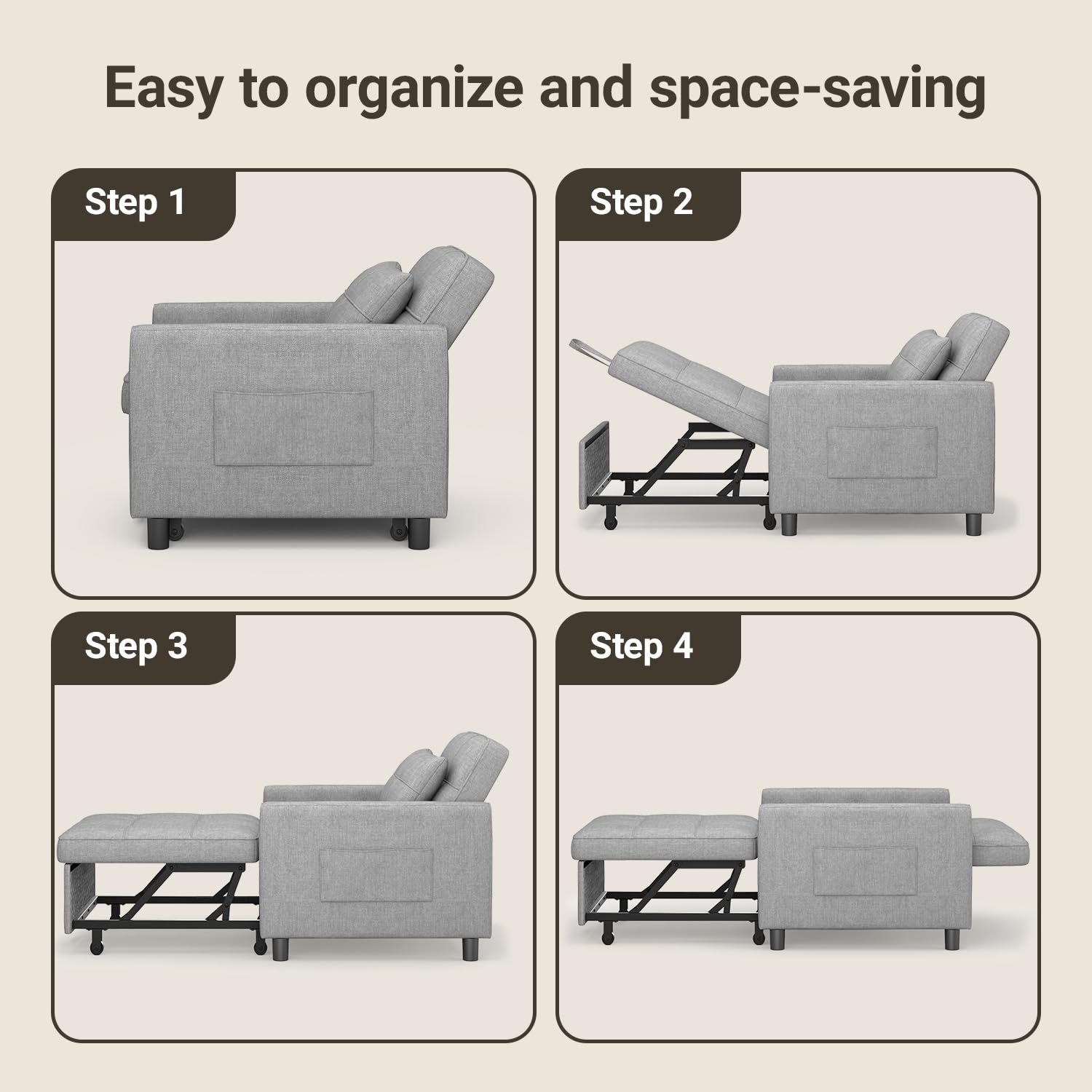 Xbro Schlafsessel 3-in-1-Convertible-Stuhl-Bett, Schlaferstuhl mit bettfunktion, Verstellbares Schlafsofa mit Kissen und Tasche, Sessel mit schlaffunktio für kleine Wohnung (Hellgrau)