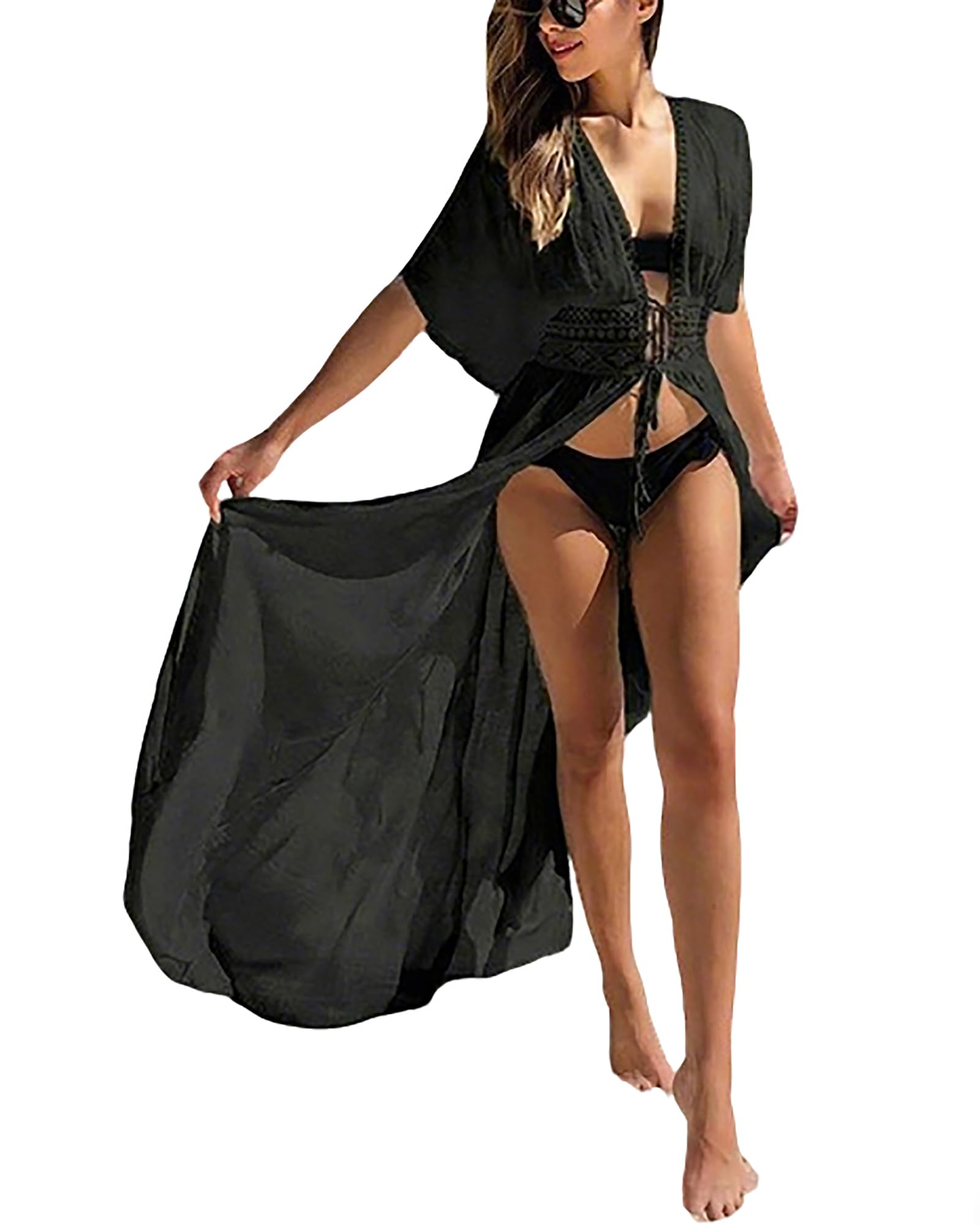Beach Coverup Women Bathing Suit Tie Front Long Coverups Lace Kimonos Sexy Swimsuit Resort Wear Vacation Essentials