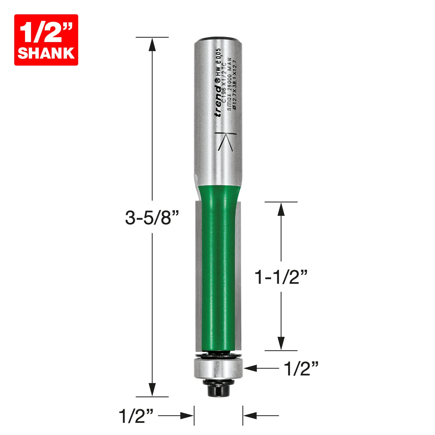 Trend CraftPro Fraise à défoncer à roulement guidé, Queue de 1/2 pouce, Diamètre de coupe 12,7 mm, Longueur de coupe 38 mm, Embout en carbure de tungstène, C196X1/2TC