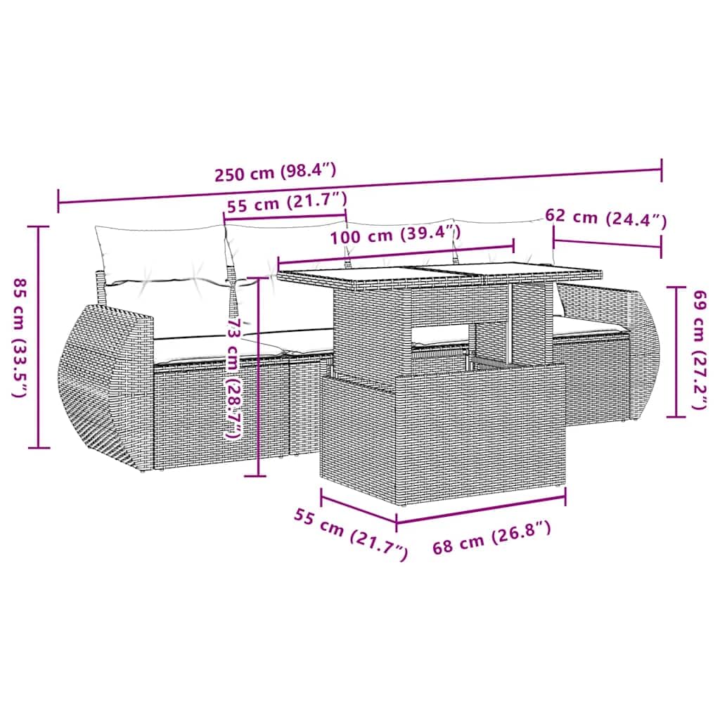 5 TLG. Juego de calcetines de jardín negro, ratán poli, mesa ajustable, resistente a los rayos UV, muebles modulares de exterior para terraza y balcón, incluye cojines