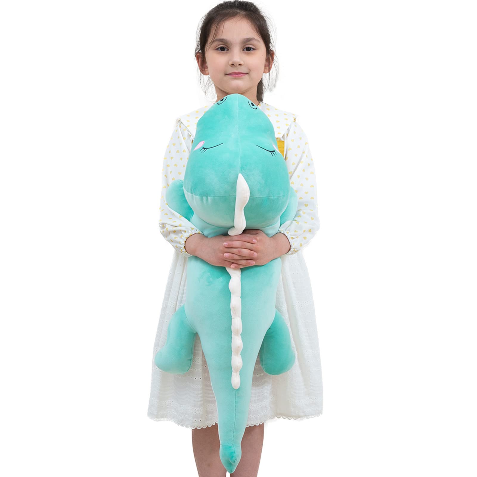 Aiuidun Dinosaur Plush Toy Soft Big Dino Stuffed Animals Body Pillow,Cute Long Dinosaur Plush Hugging Pillow Lumbar Back Cushion Toys Doll Gifts for Kids (Green - Happy, 80cm/31.4inch)