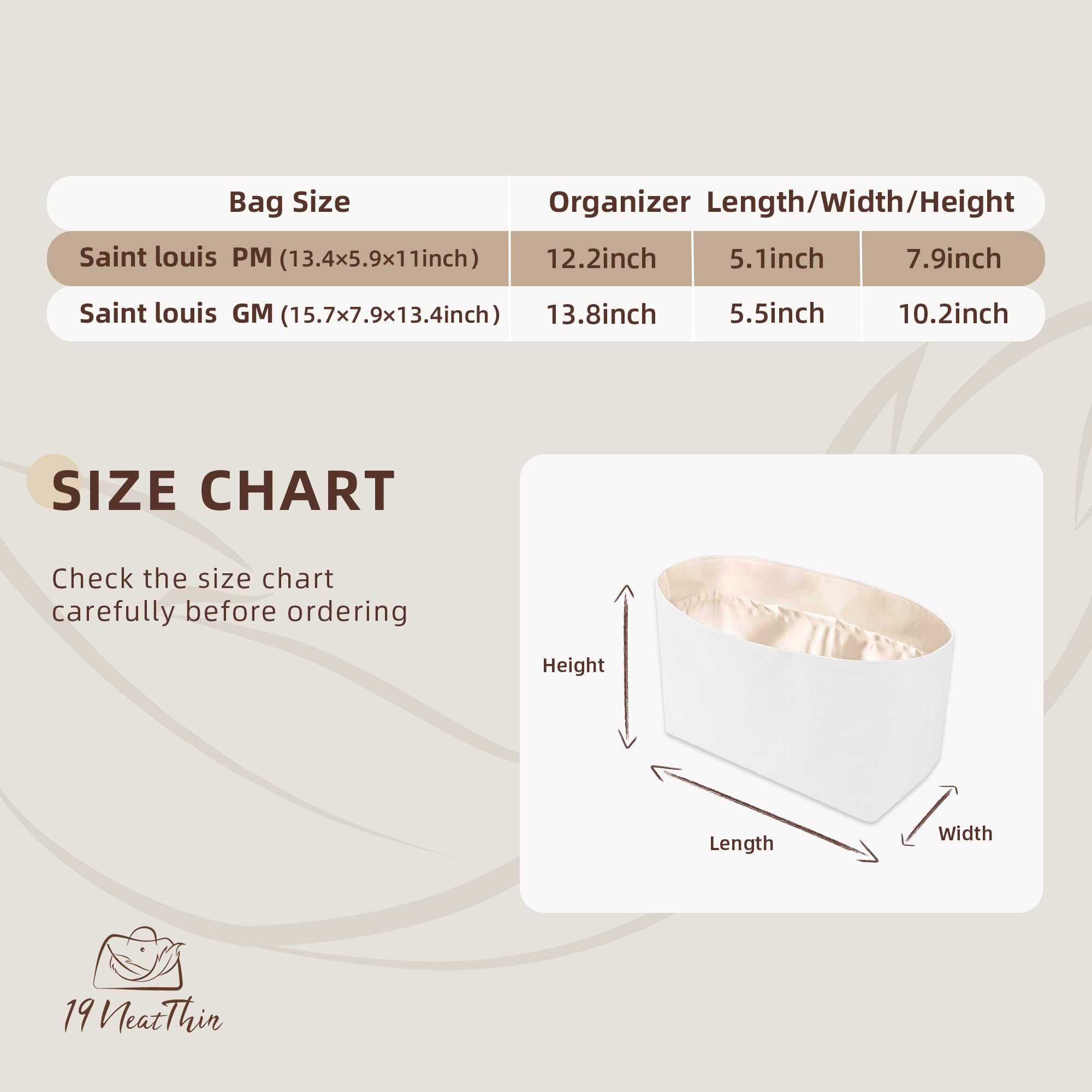 19Neat Thin Waterproof Tote Organizer Insert, Lightweight Bag Shaper Compatible with Saint Louis PM, Waterproof Dupontpaper Surface and Silky Satin Lining (Craie, ST-Louis PM)