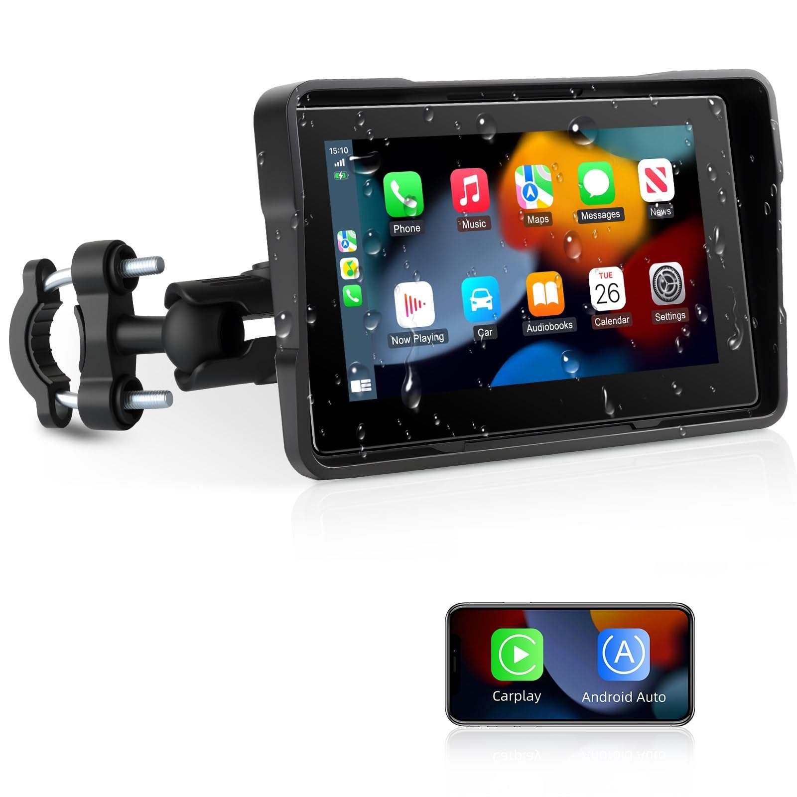 Jansite Carplay Moto Écran Android Auto avec Tactile Étanche de 5 Pouces | CarPlay&Android Auto Sans Fil, Vocales GoOgle & Siri, écran Tactile étanche IP67, Utilisable avec des Gants, GPS Navigation