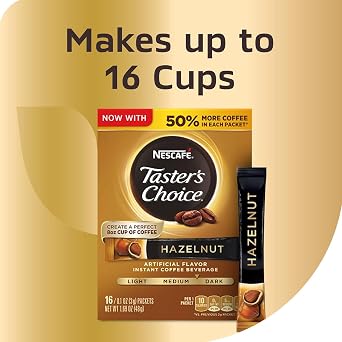 Nescafe, Taster's Choice, Instant Coffee Beverage, Hazelnut, 16 Packets, 0.1 oz (3 g) Each - 2pc