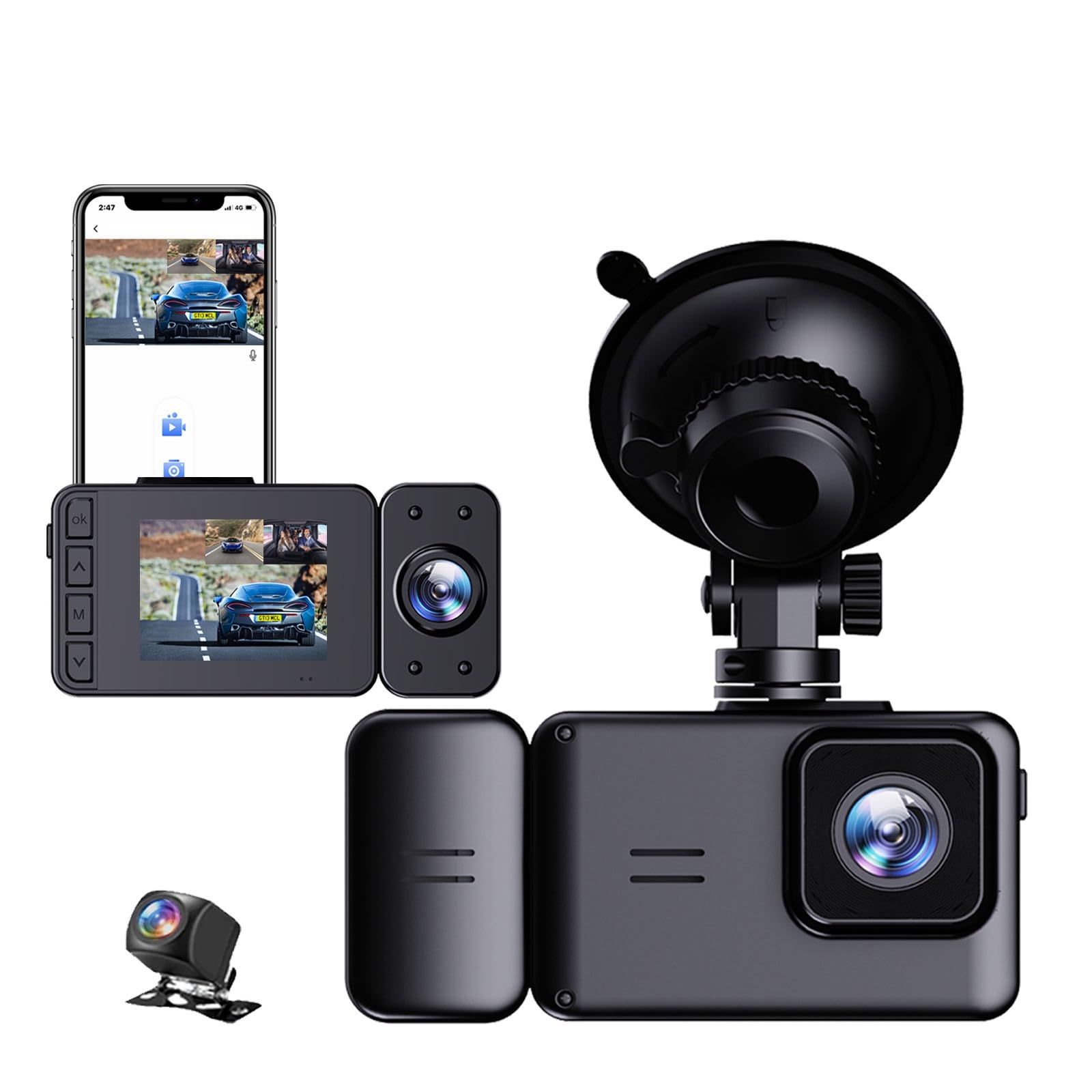 AJUK 3 Channel Dash Cam for Cars with 2.5K Video | WiFi | Night Vision | G-Sensor | Loop Recording | 145° Wide Angle | Parking Surveillance |Supports 128GB | Front, Interior & Rear Dashcam
