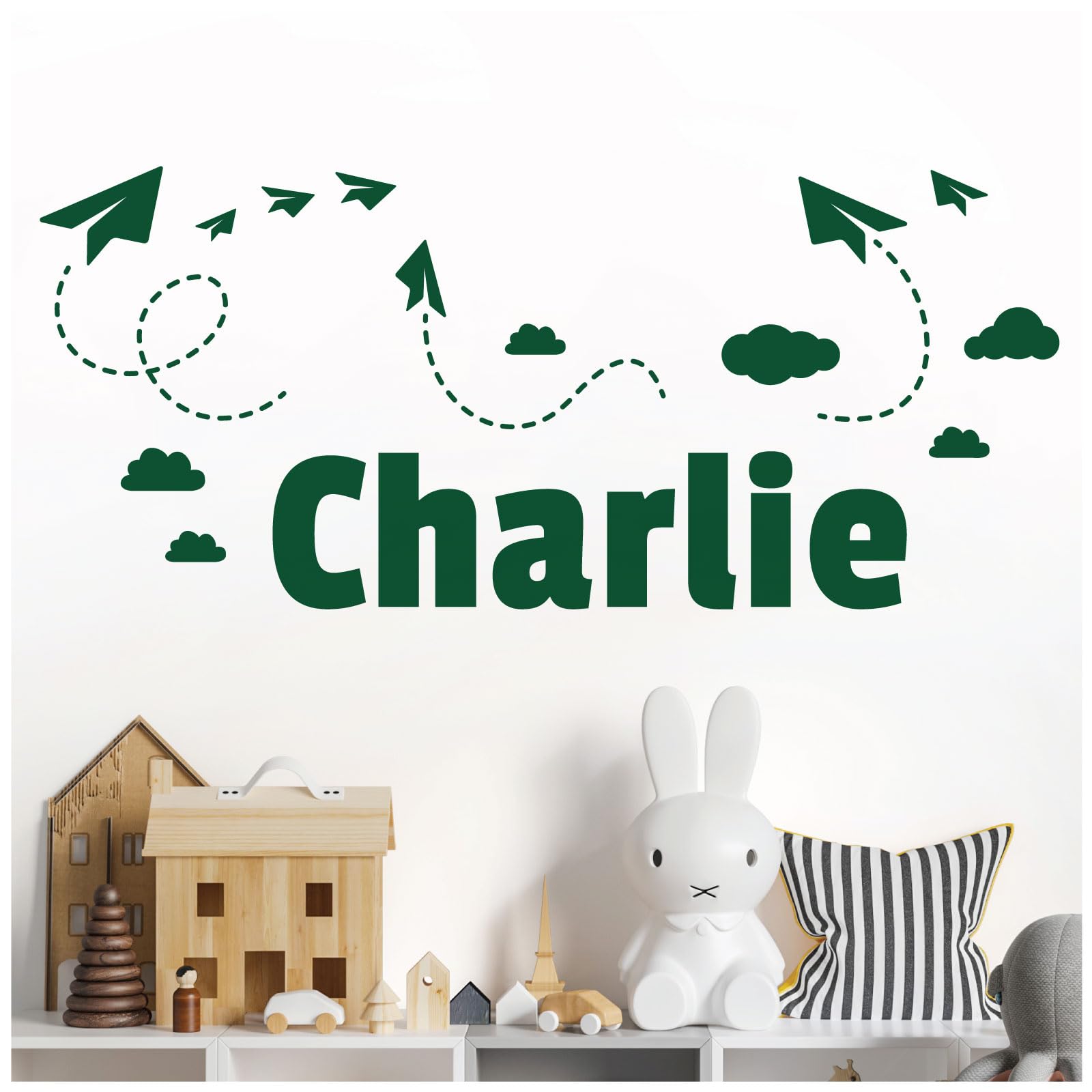 Personalised Name Children Wall Art Sticker - Sky, Paper Planes and Clouds [Large] [Forest]