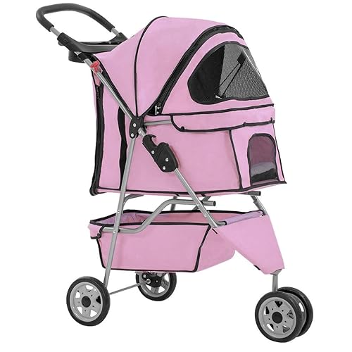 BestPet 3 Wheels Pet Dog Stroller Cat Cage for Medium Small Dogs Cats Travel Folding Carrier Waterproof Puppy Stroller with Cup Holder & Removable Liner,Pink - Pink